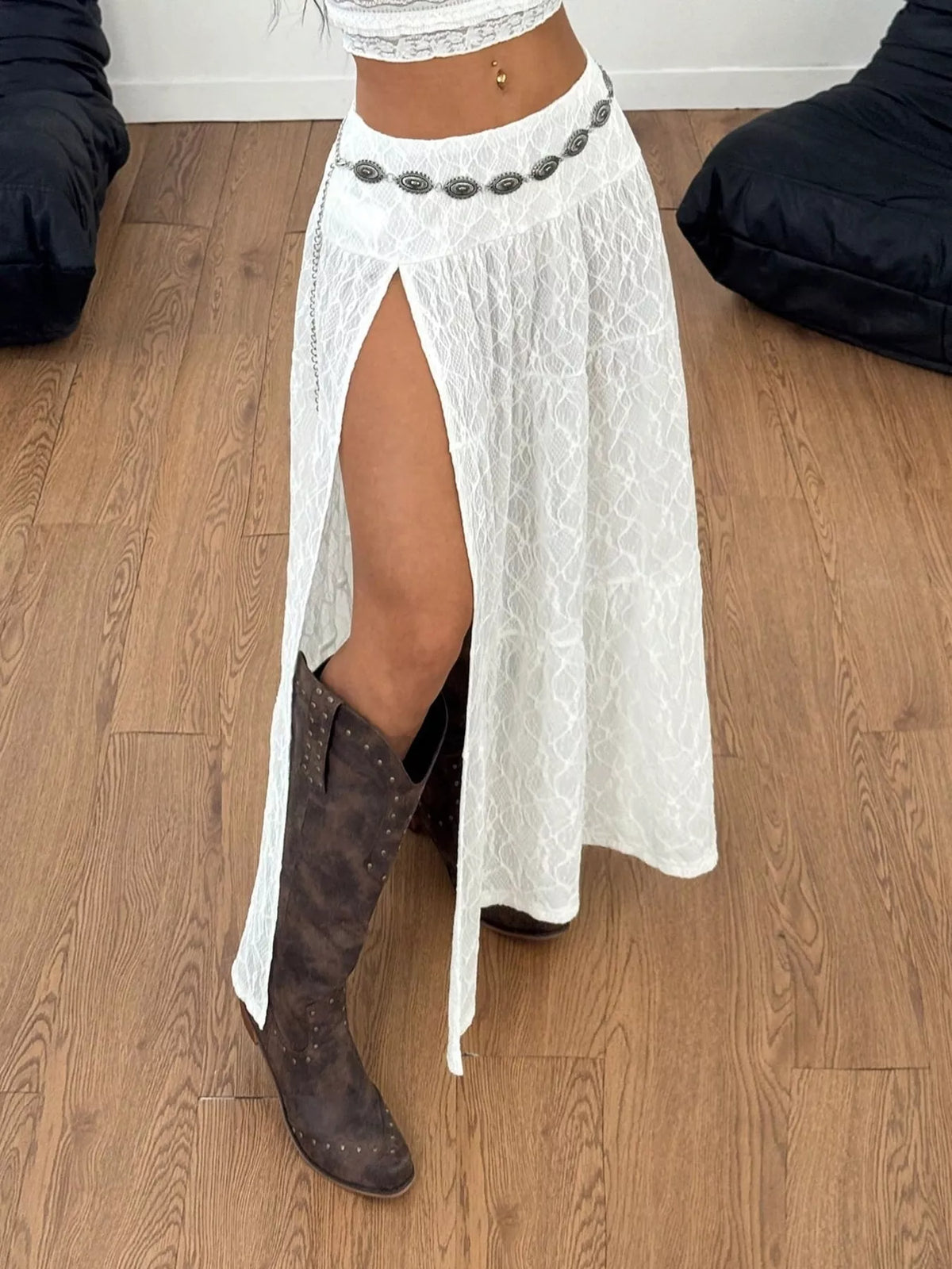 Layered Lace Maxi Skirt with Slit in White