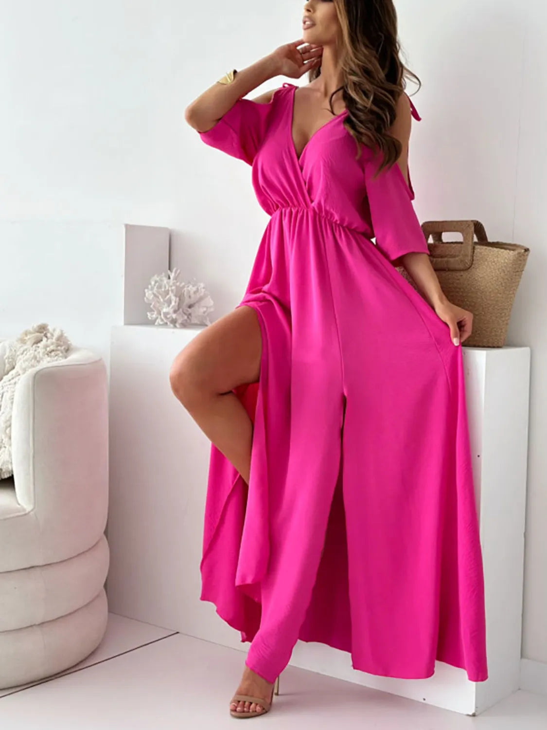 Tied-Shoulder Slit Maxi Dress