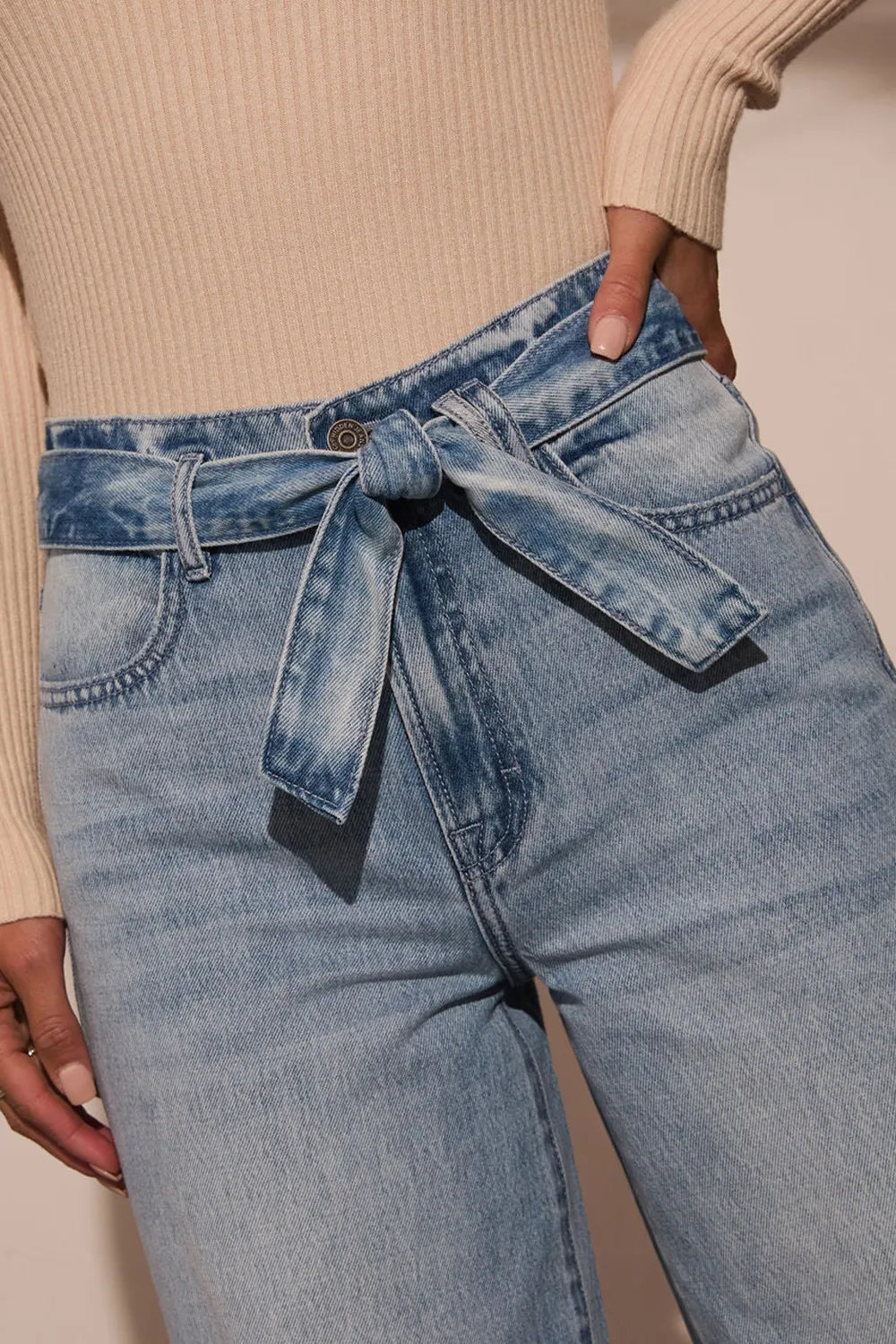 Tied Wide Leg Jeans in Medium Wash by Y.Y@Denim