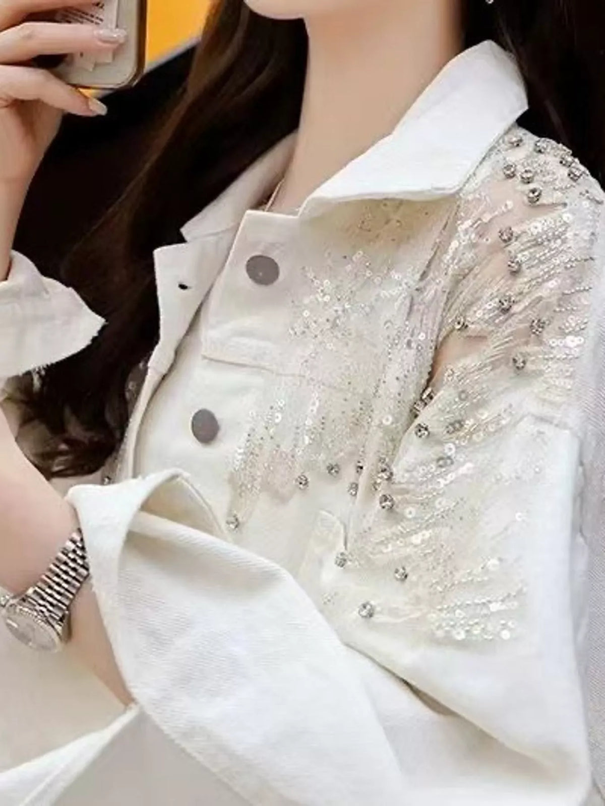 Rhinestone Snowflake Embellished Denim Jacket