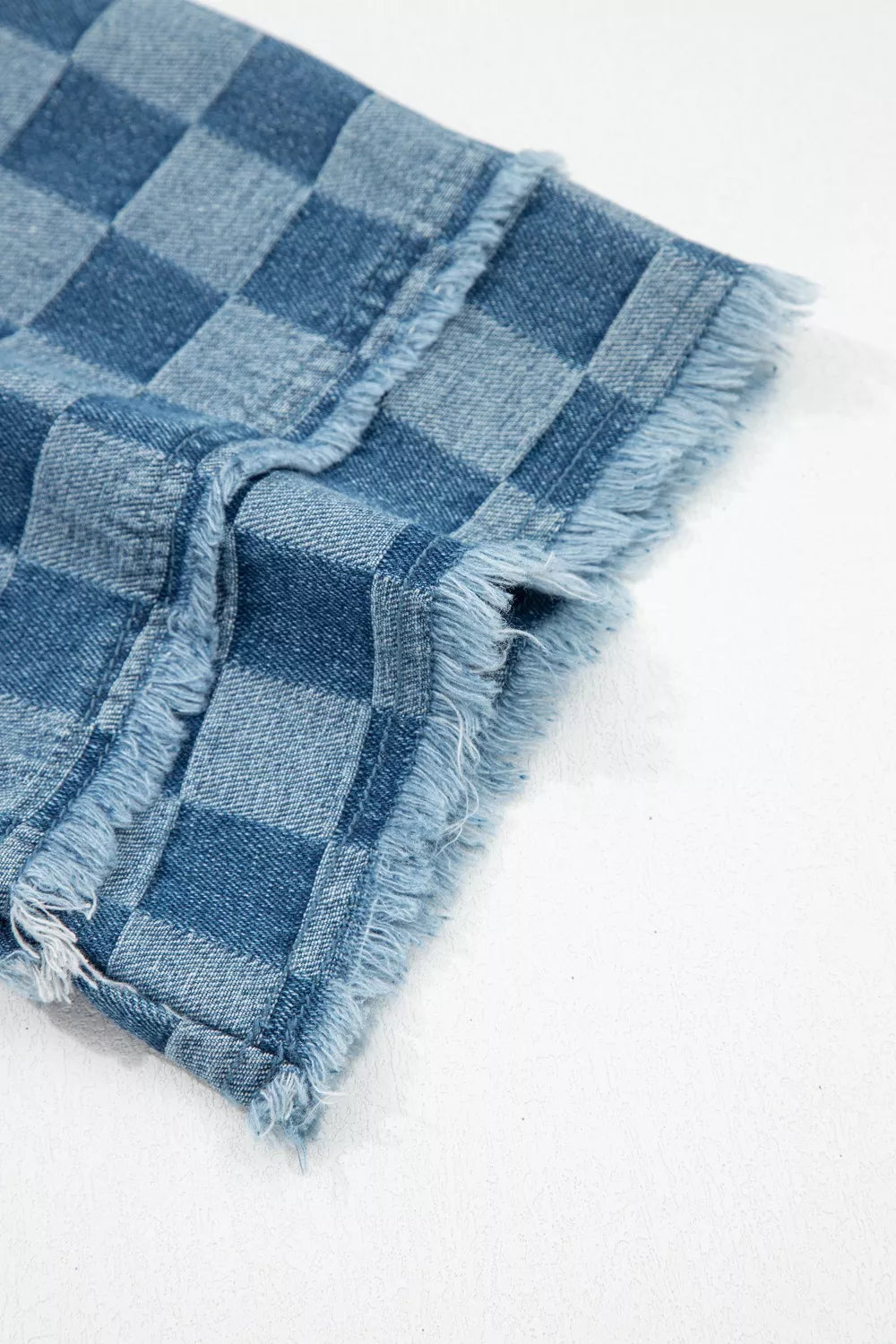 Frayed Hem Checkered Denim Mini Dress in Medium
