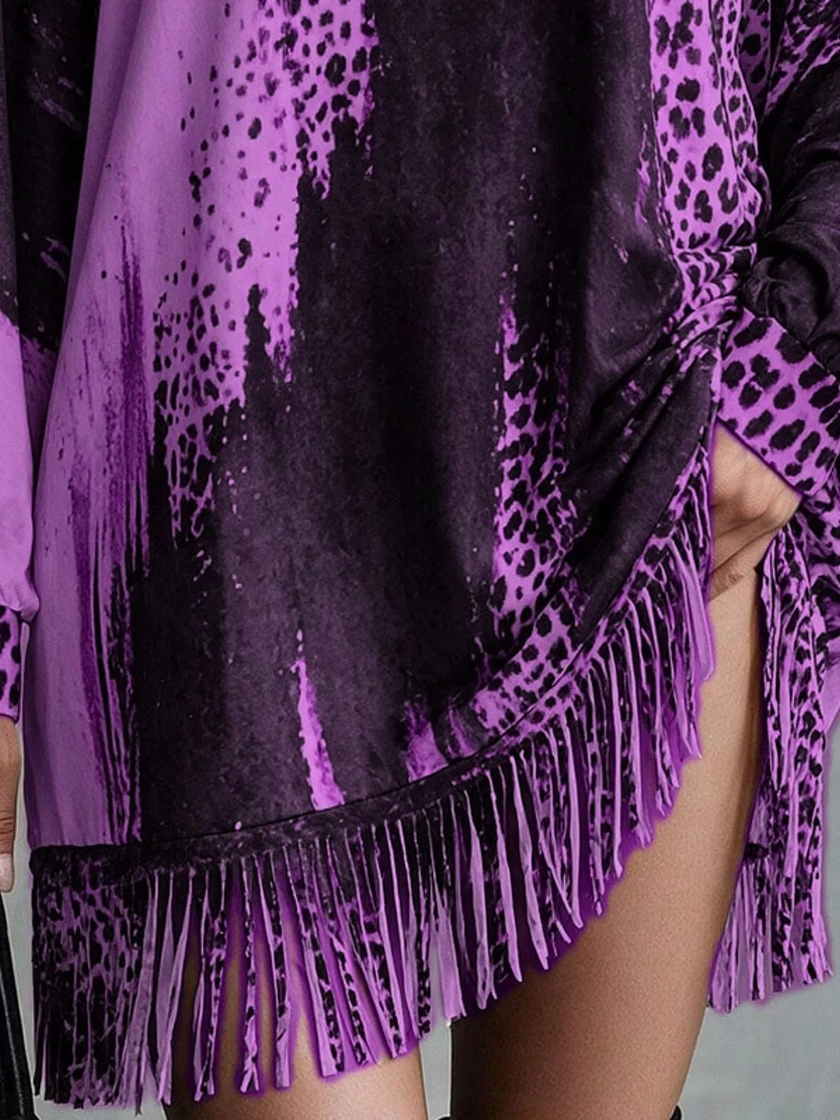 Leopard Print Mock Neck Fringe Hem Mini Dress