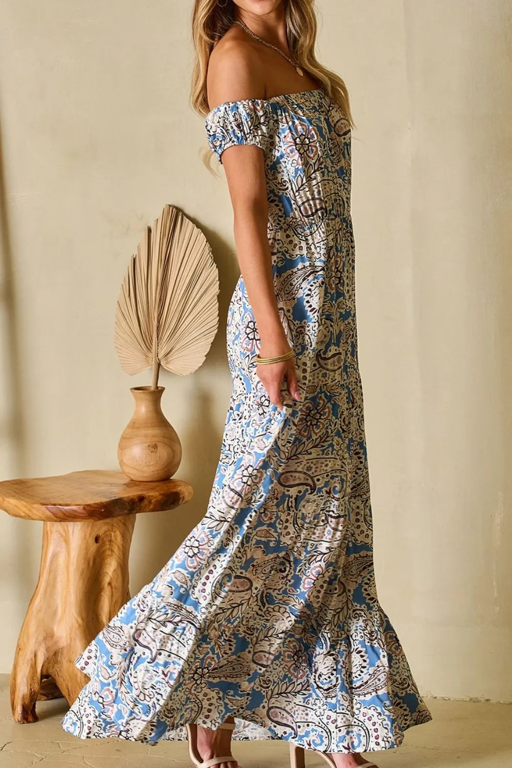Paisley Print Off Shoulder Maxi Dress in Dusty Blue