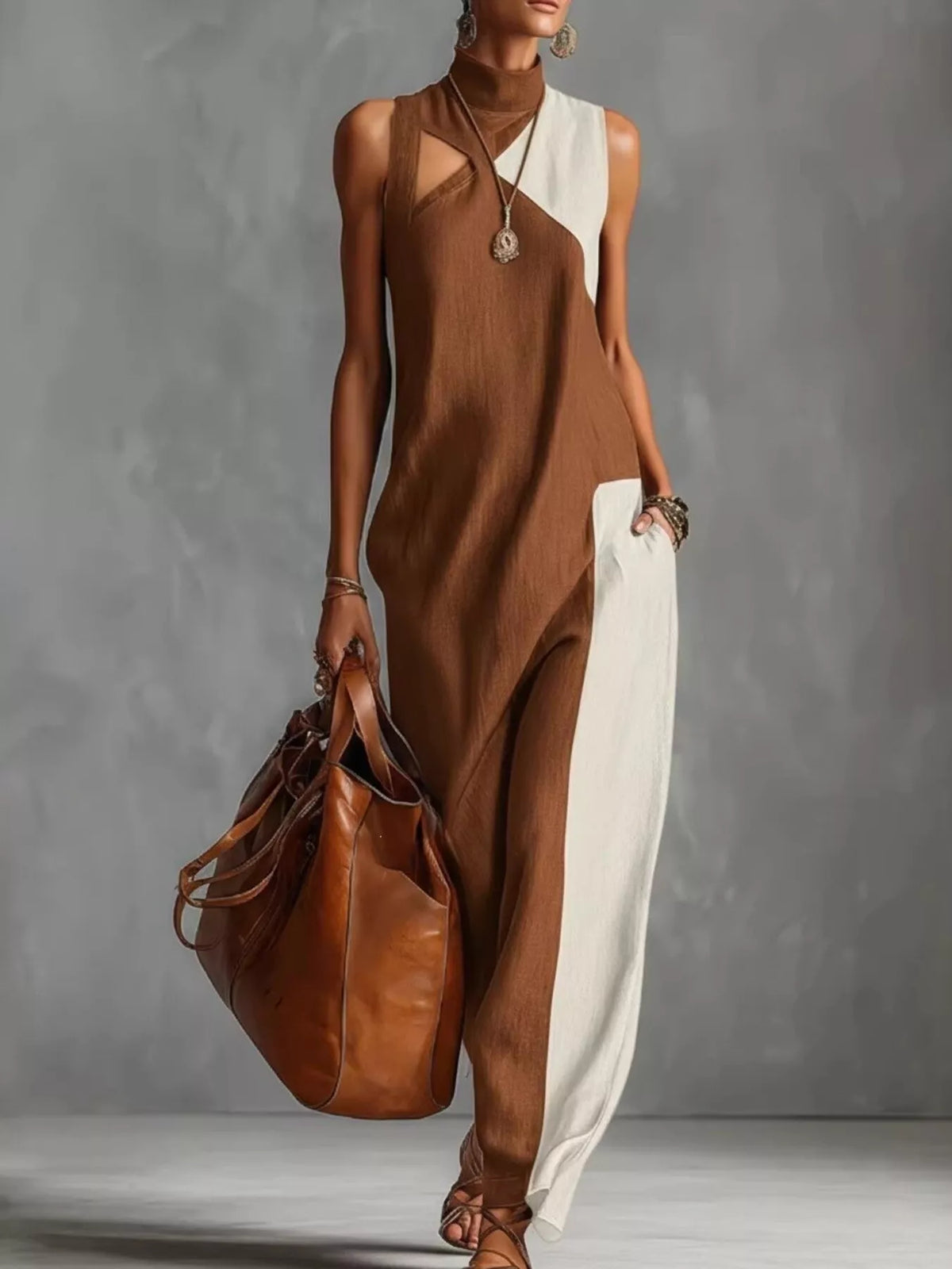 Color Block Mock Neck Sleeveless Maxi Dress