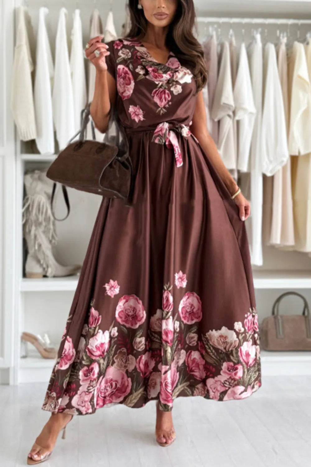 Floral Cap Sleeve Dress with Tie Belt