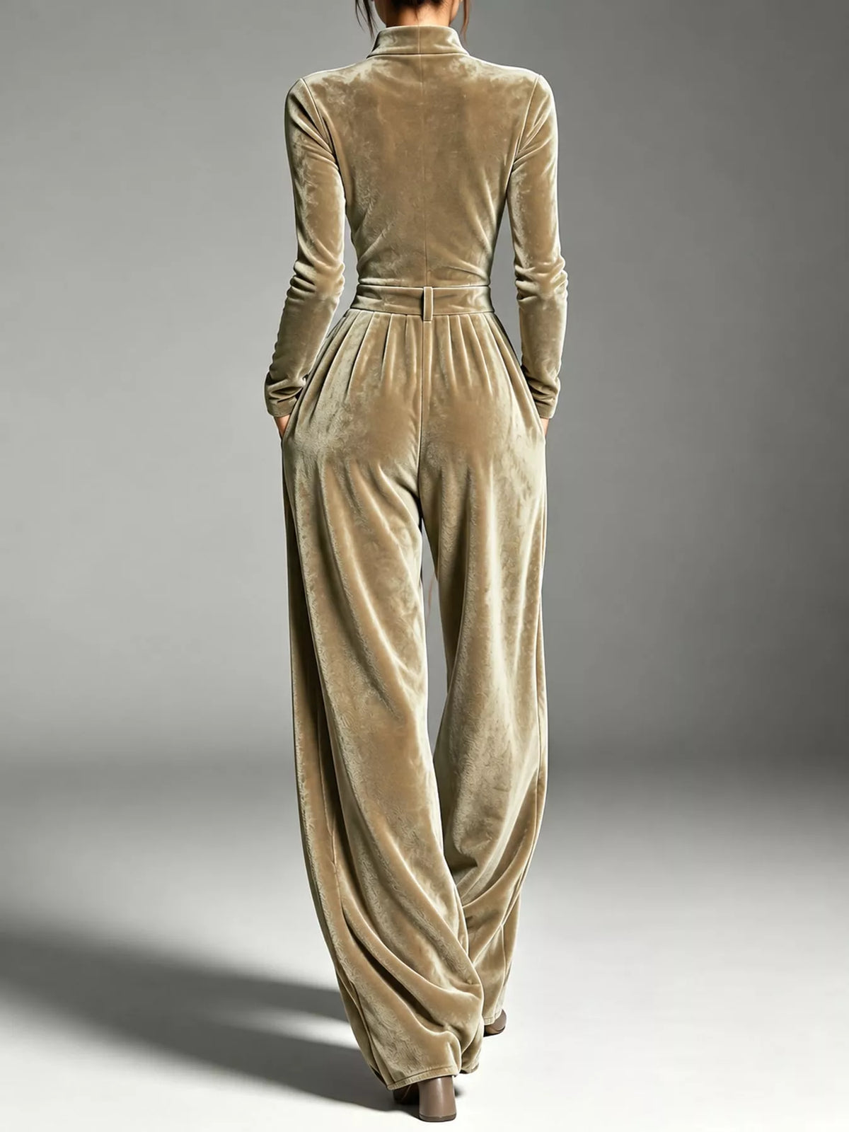 Velvet Zip-Up Jumpsuit with Tie Waist