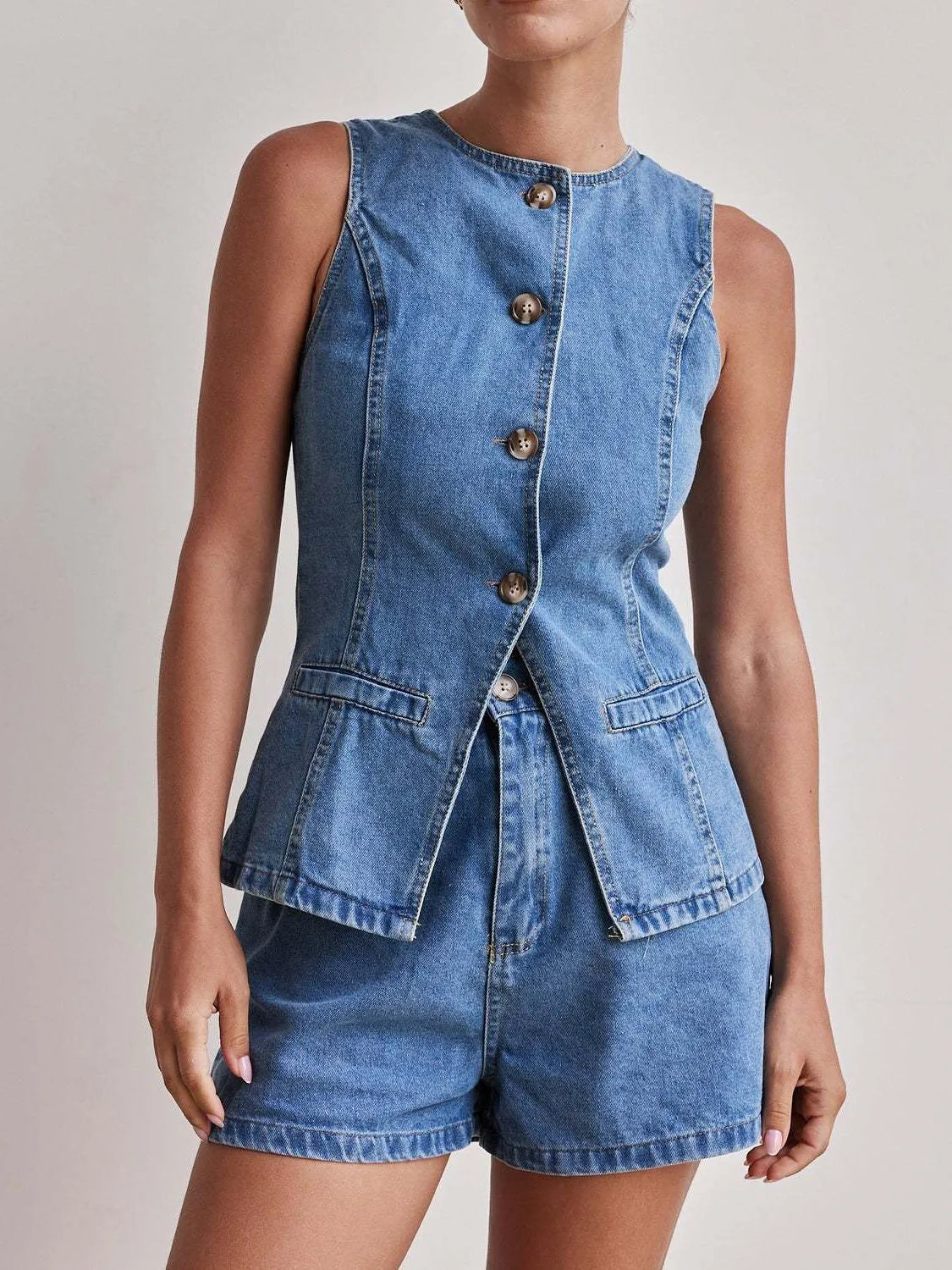 Button-Down Vest and Shorts Denim Set