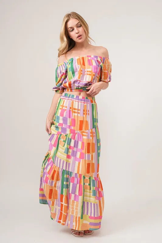 And The Why Geo Print Puff Sleeve Crop Top in Multi