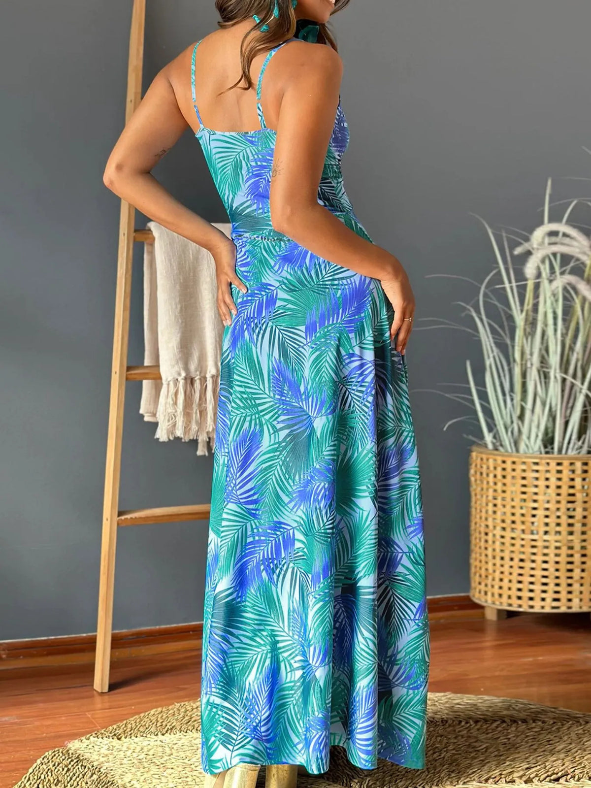 Twisted V-Neck Tropical Maxi Dress