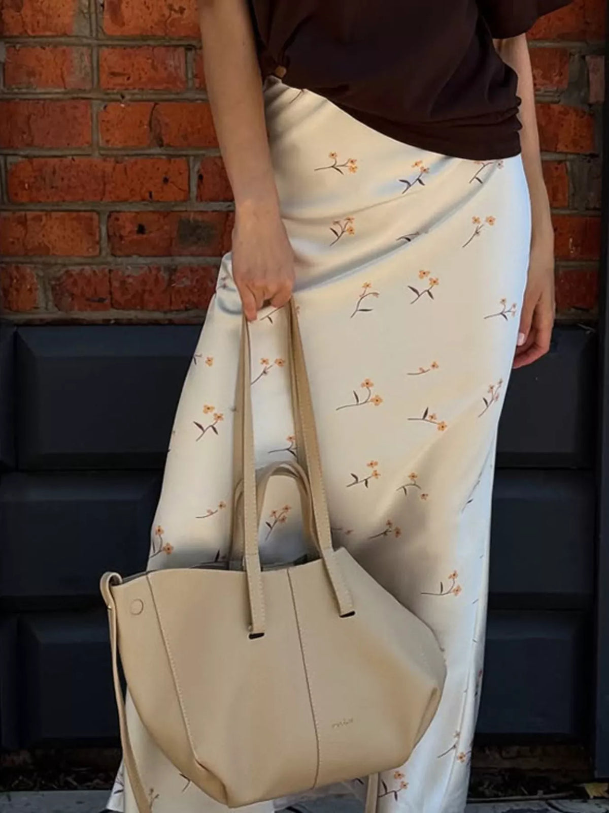 Floral Print Satin Skirt in White