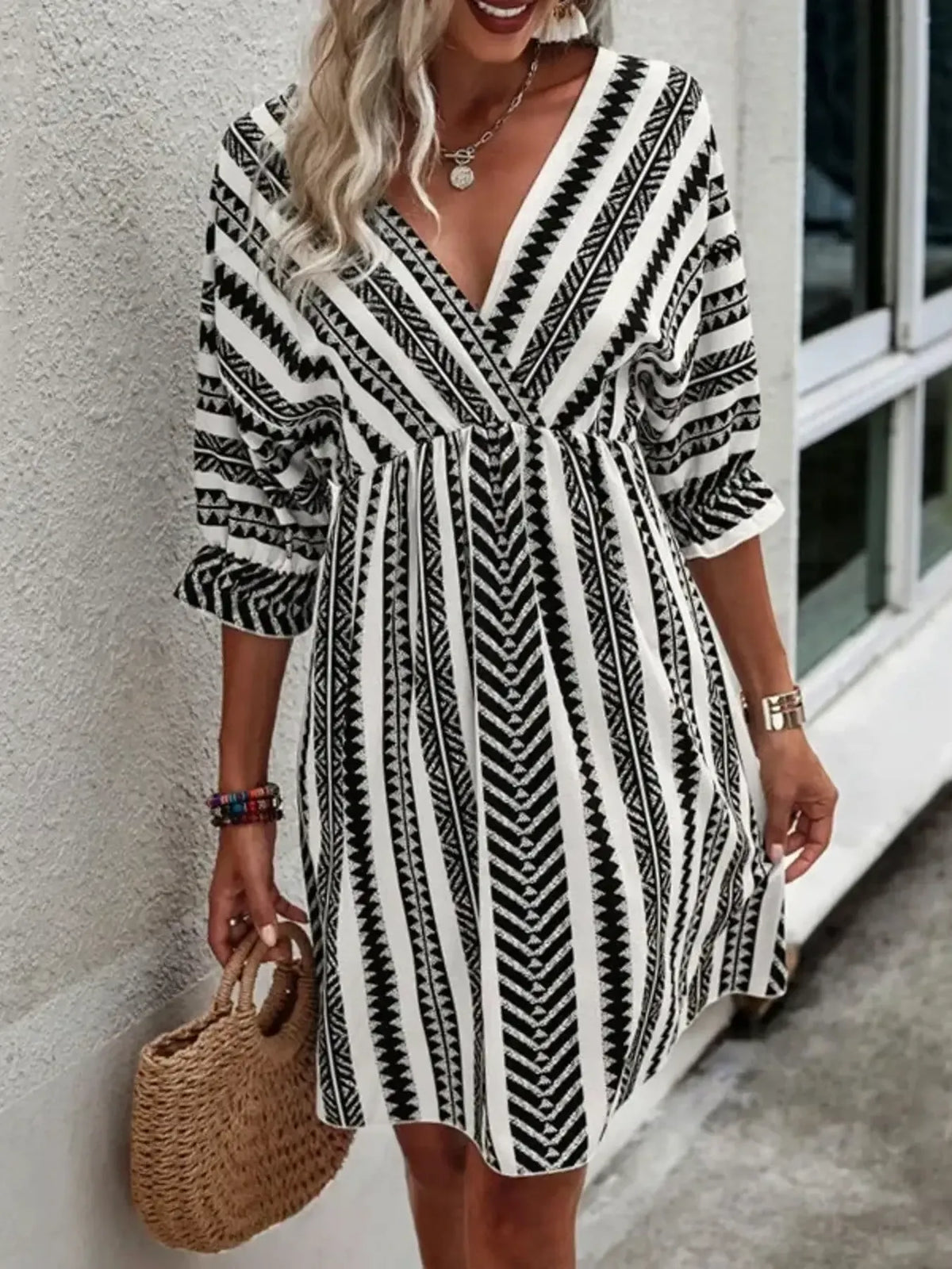 Geometric Print V-Neck Mini Dress in Black by ArtisticExpression