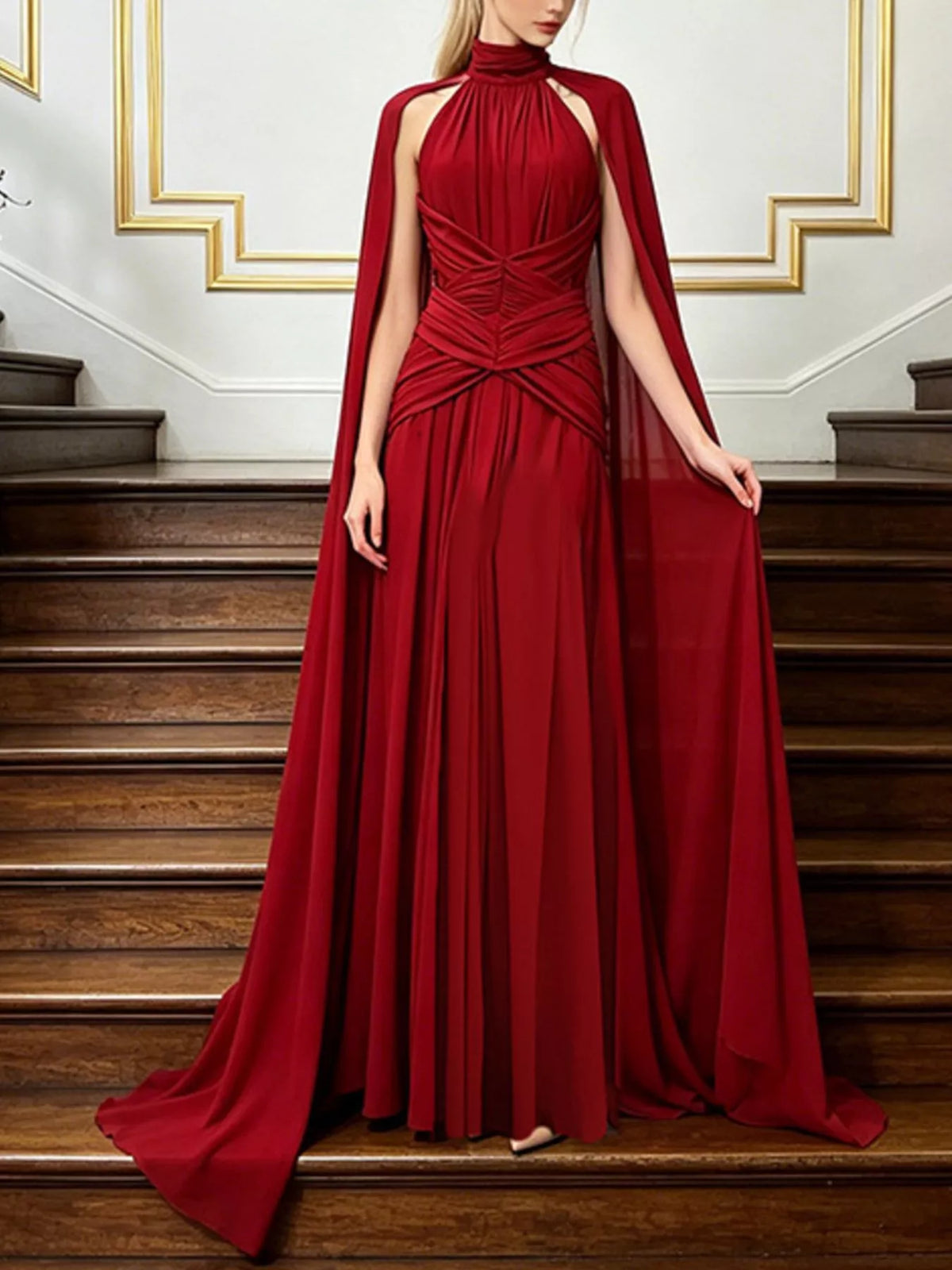 Ruched Halter Neck Cape Maxi Dress in Red