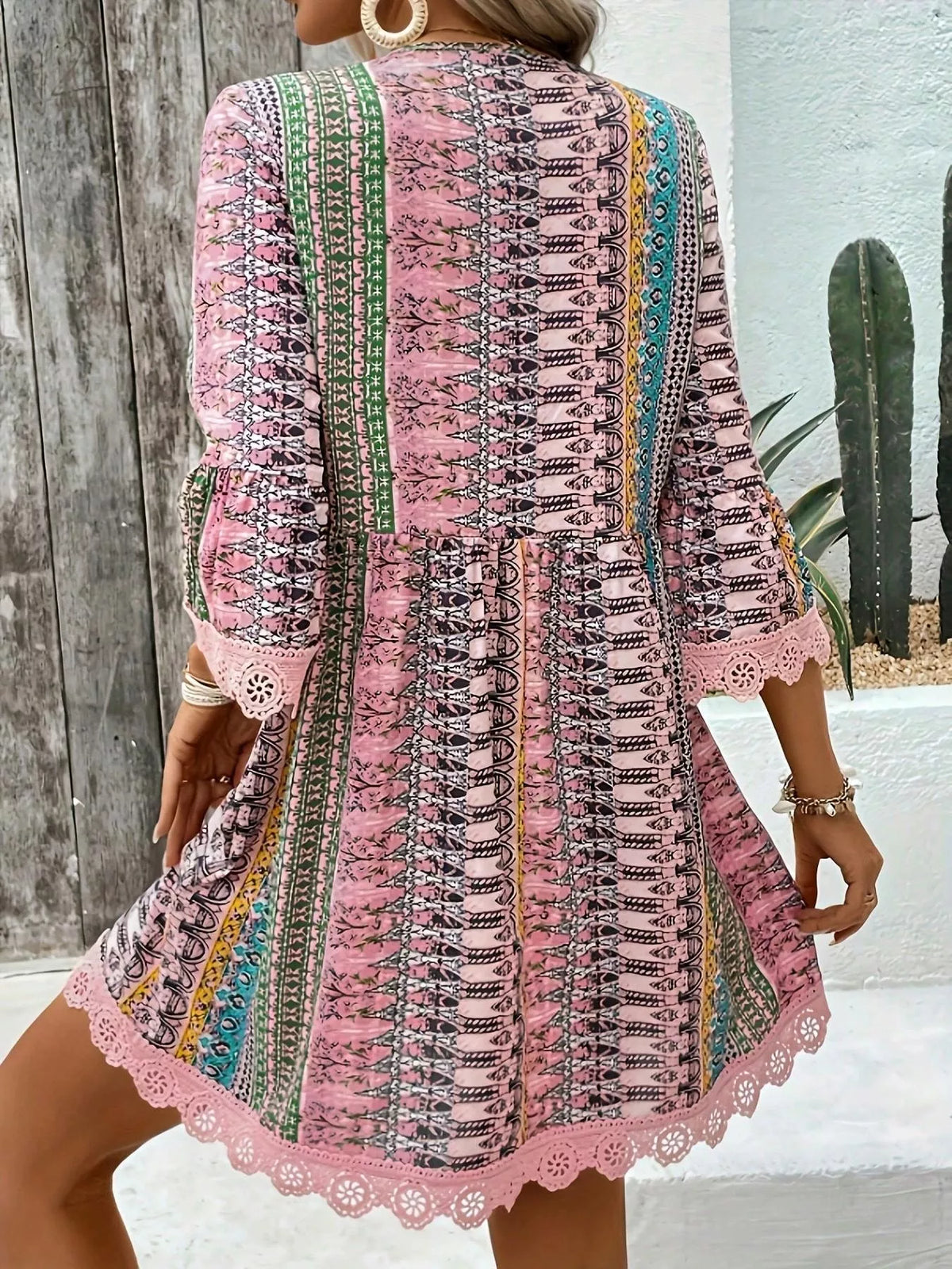 Printed V-Neck A-Line Dress with Lace Detail