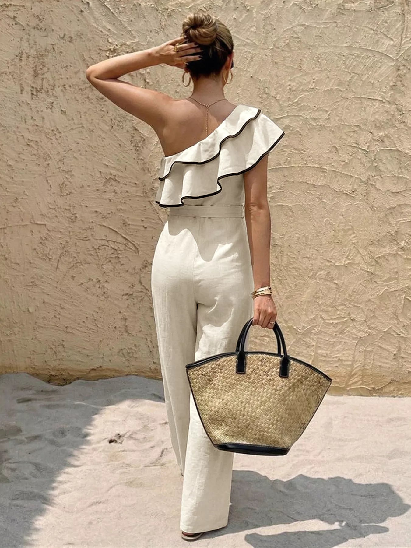 Ruffle One-Shoulder Wide Leg Jumpsuit in Khaki