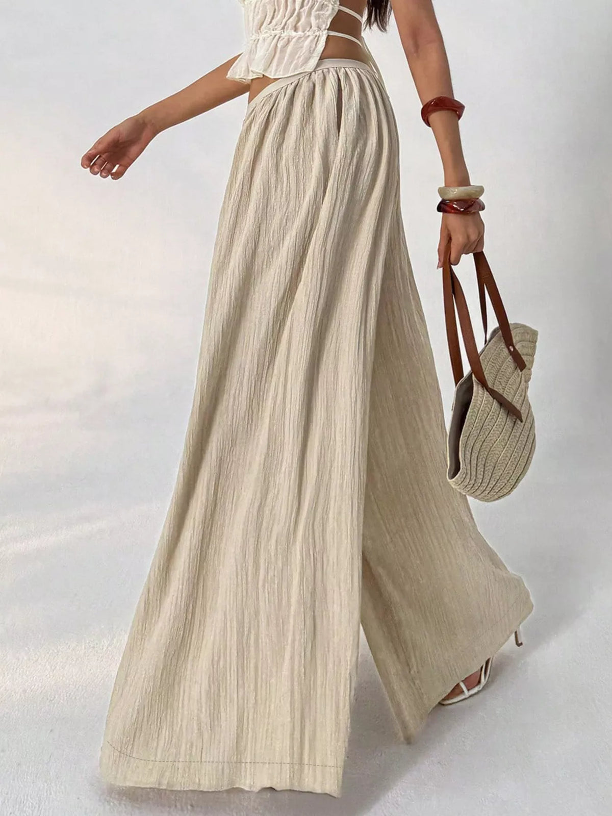 Wide-Leg Textured Pants in Khaki
