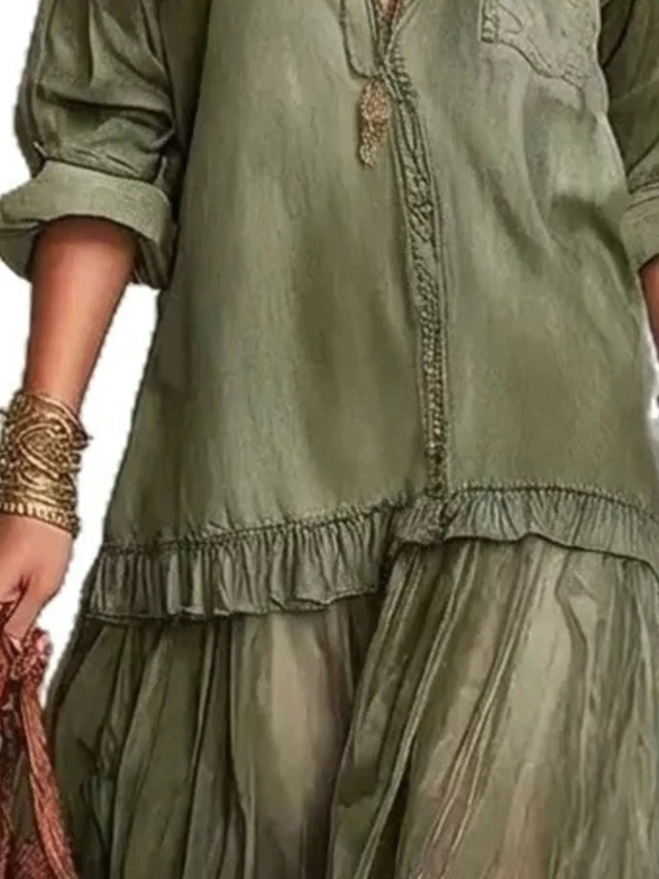 Tiered Long-Sleeve Denim Shirt Maxi Dress, Plus Size