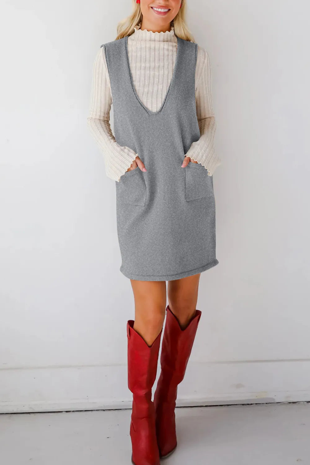 Pocketed V-Neck Mini Sweater Overall Dress
