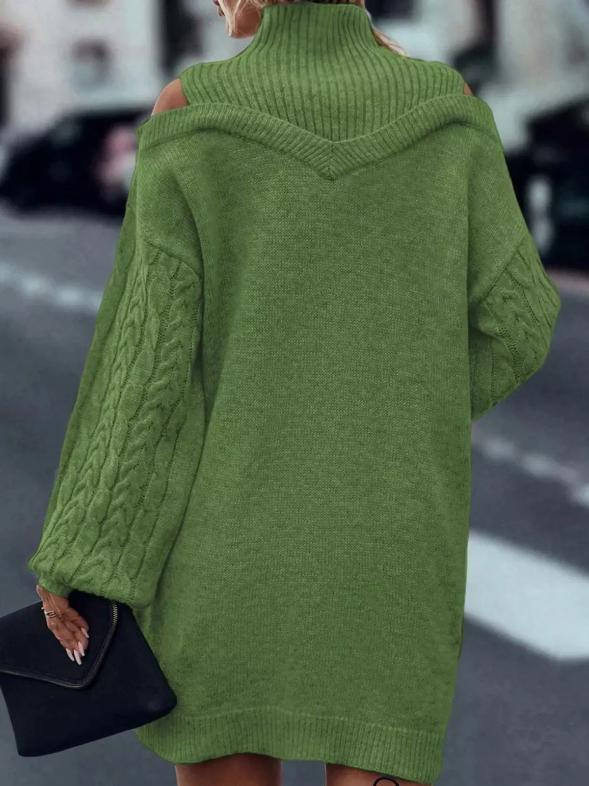 Cable-Knit Cold-Shoulder Mock-Neck Sweater Dress