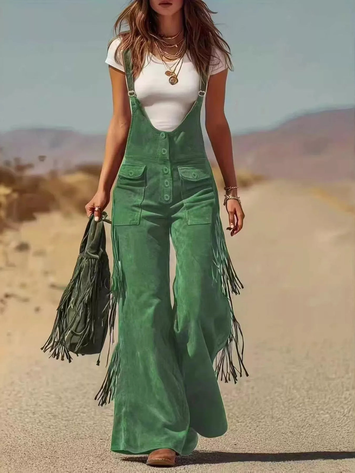 Fringe Detail Flare Leg Overalls