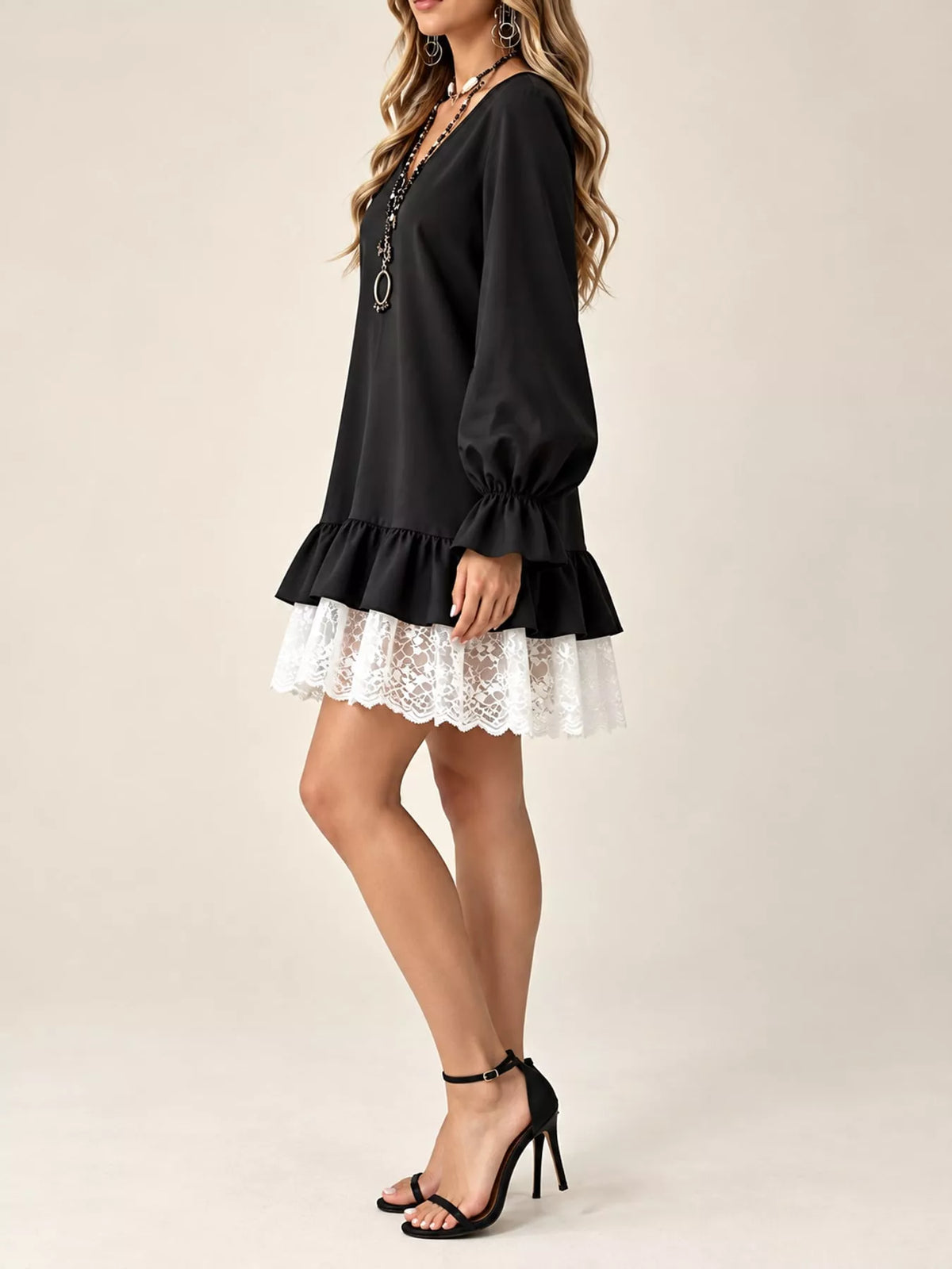 Lace Hem Flounce Sleeve Dress