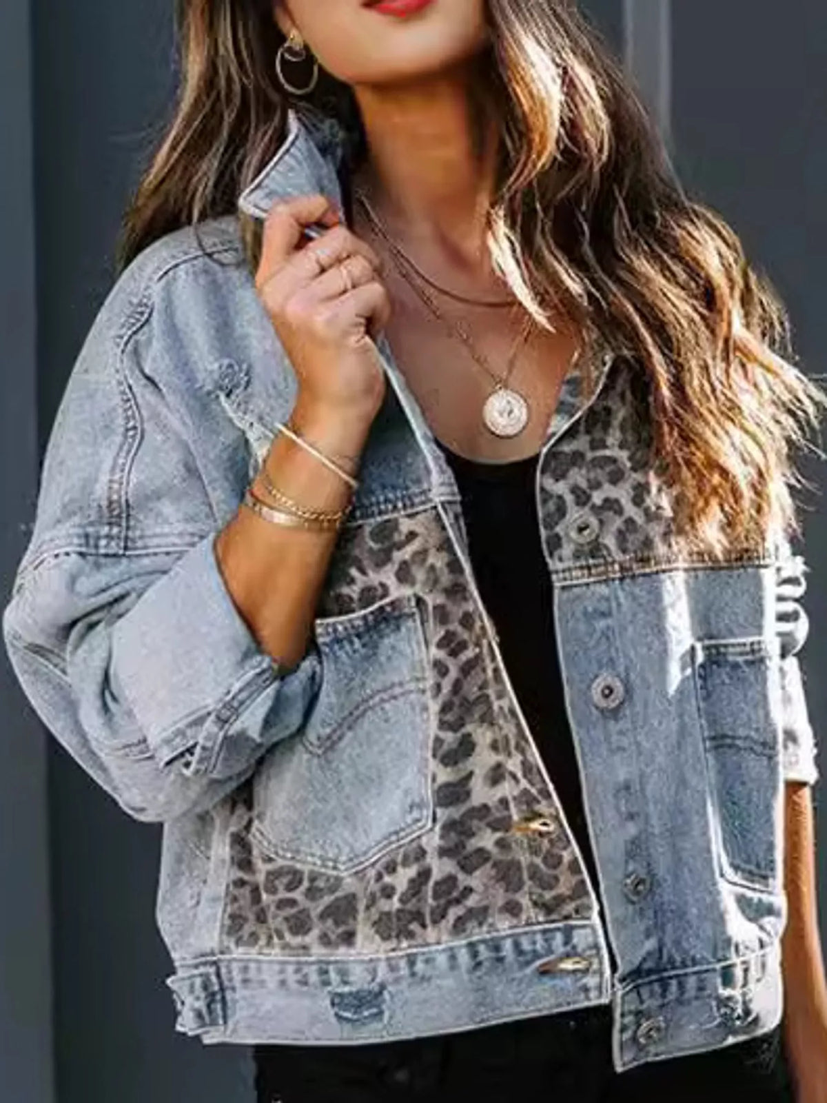 Distressed Leopard Dropped-Shoulder Denim Jacket