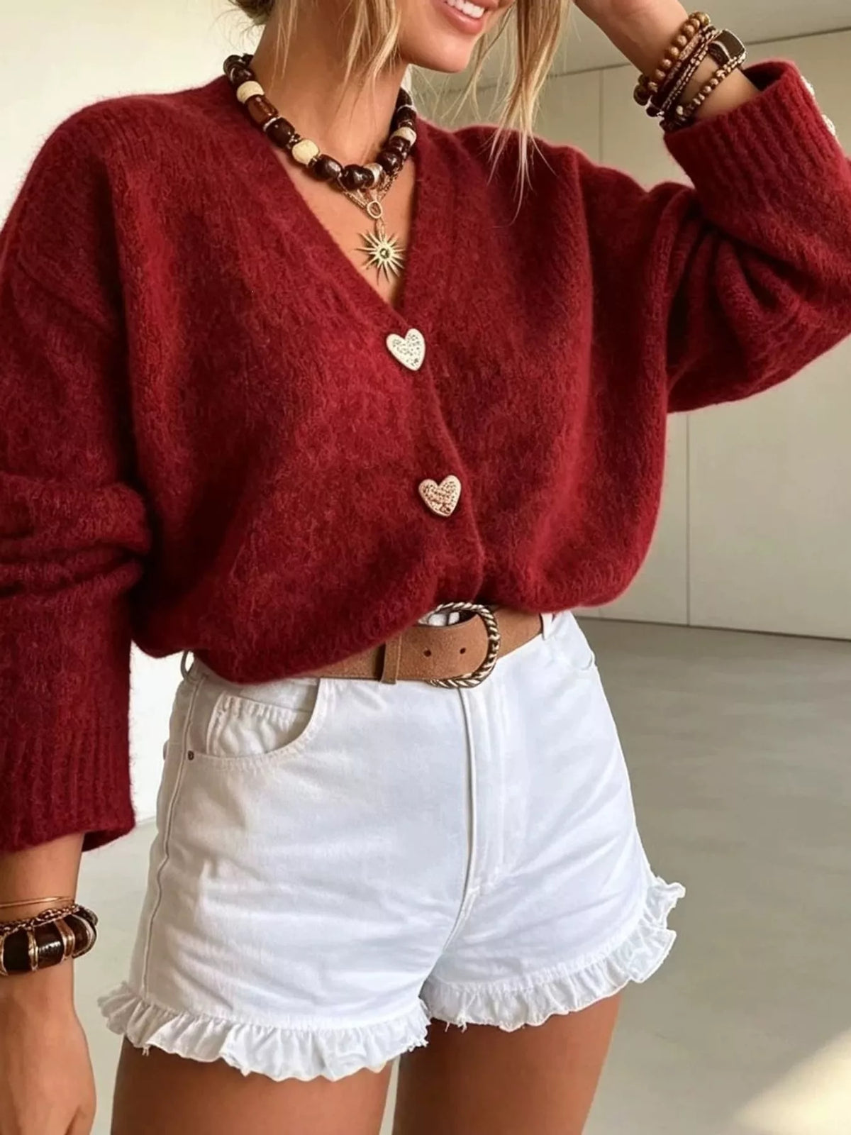 V-Neck Heart-Shaped Button Cardigan