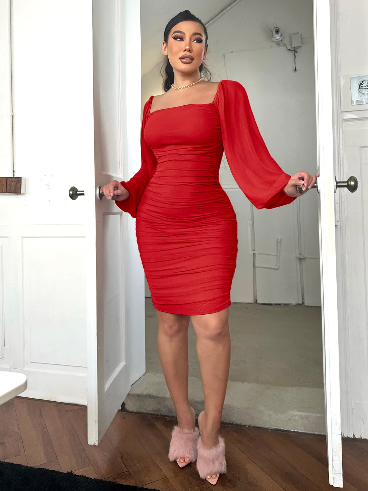 Ruched Bodycon Dress in Red by Jubilair