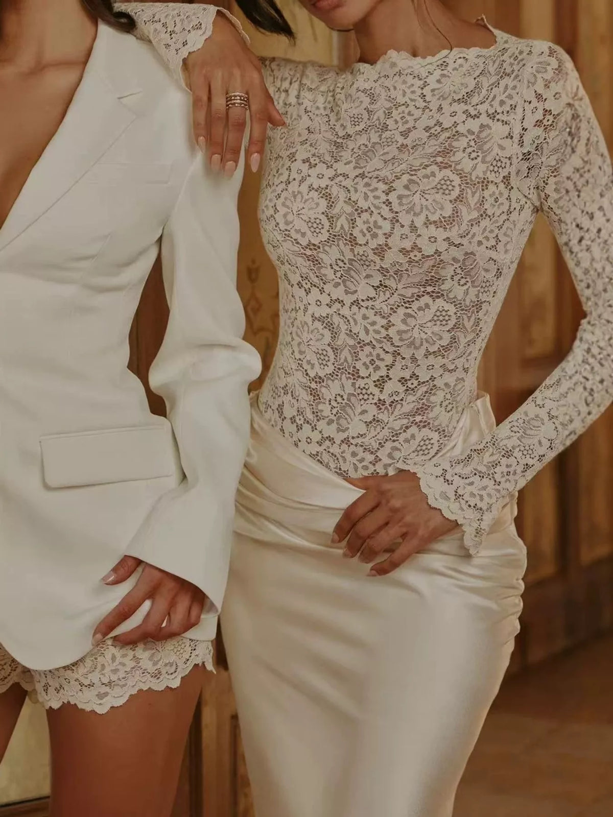 Long-Sleeve Lace and Satin Patchwork Maxi Dress