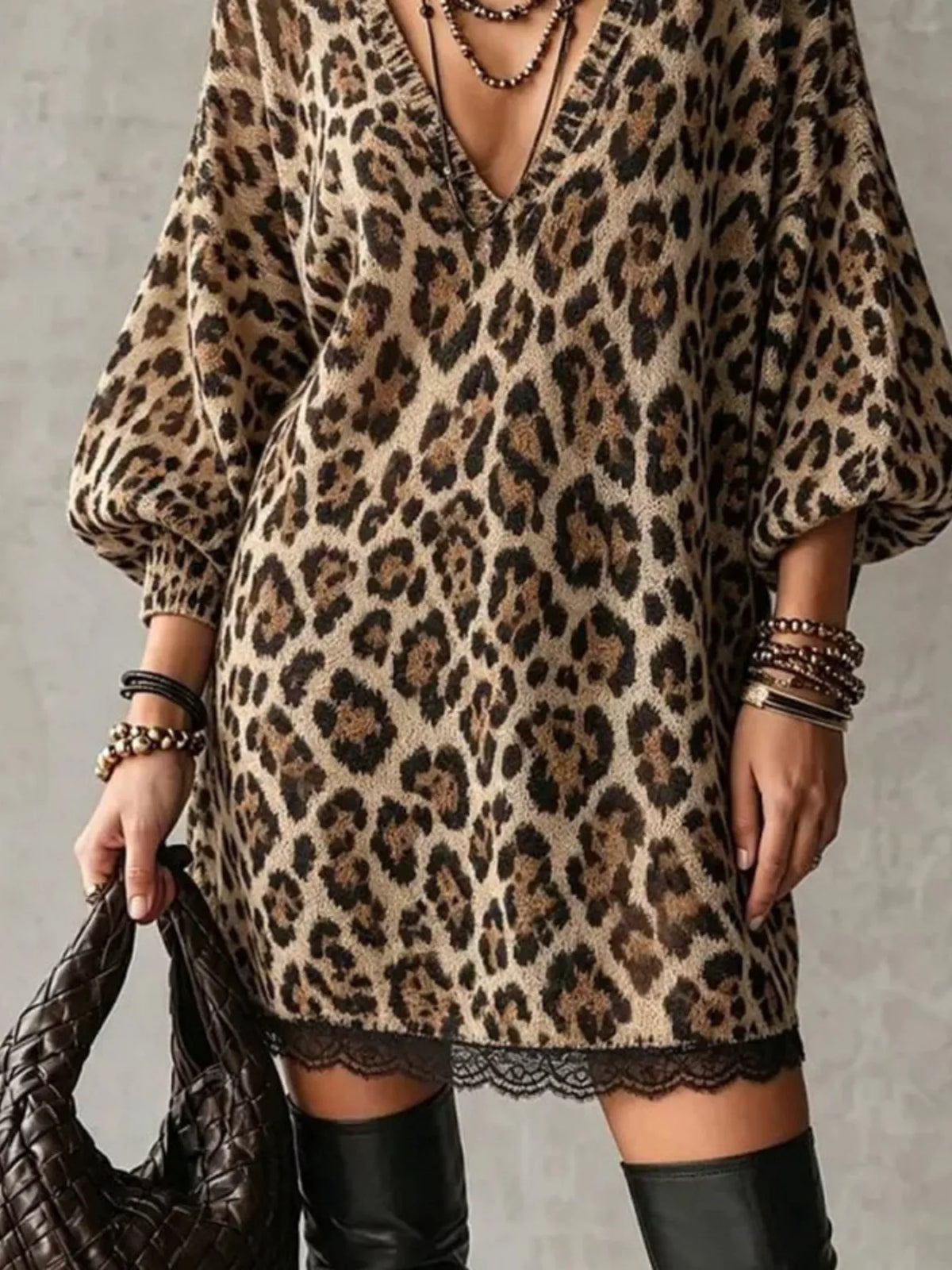 Leopard Print V-Neck Dress with Lace Hem