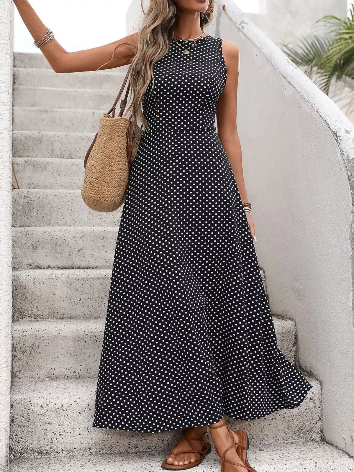 Sleeveless Polka Dot Tie Maxi Dress