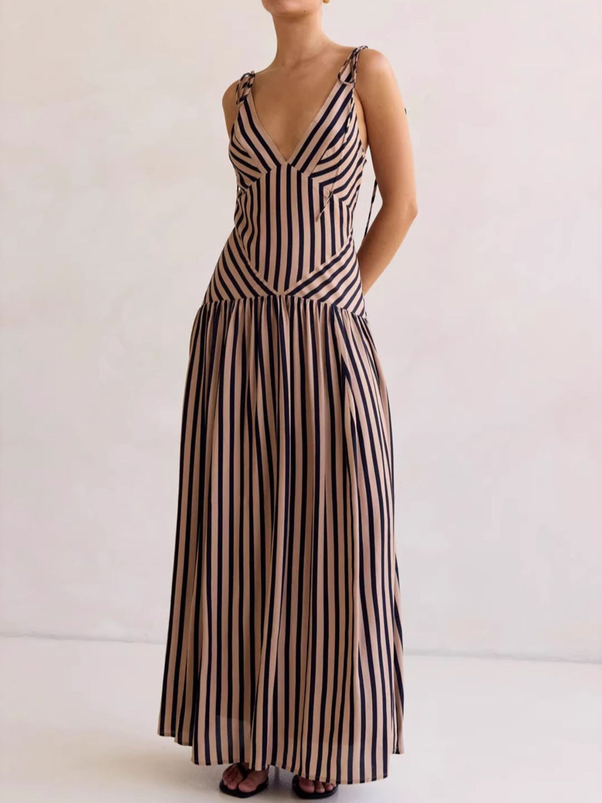 Striped V-Neck Tie-Shoulder Maxi Dress in Brown
