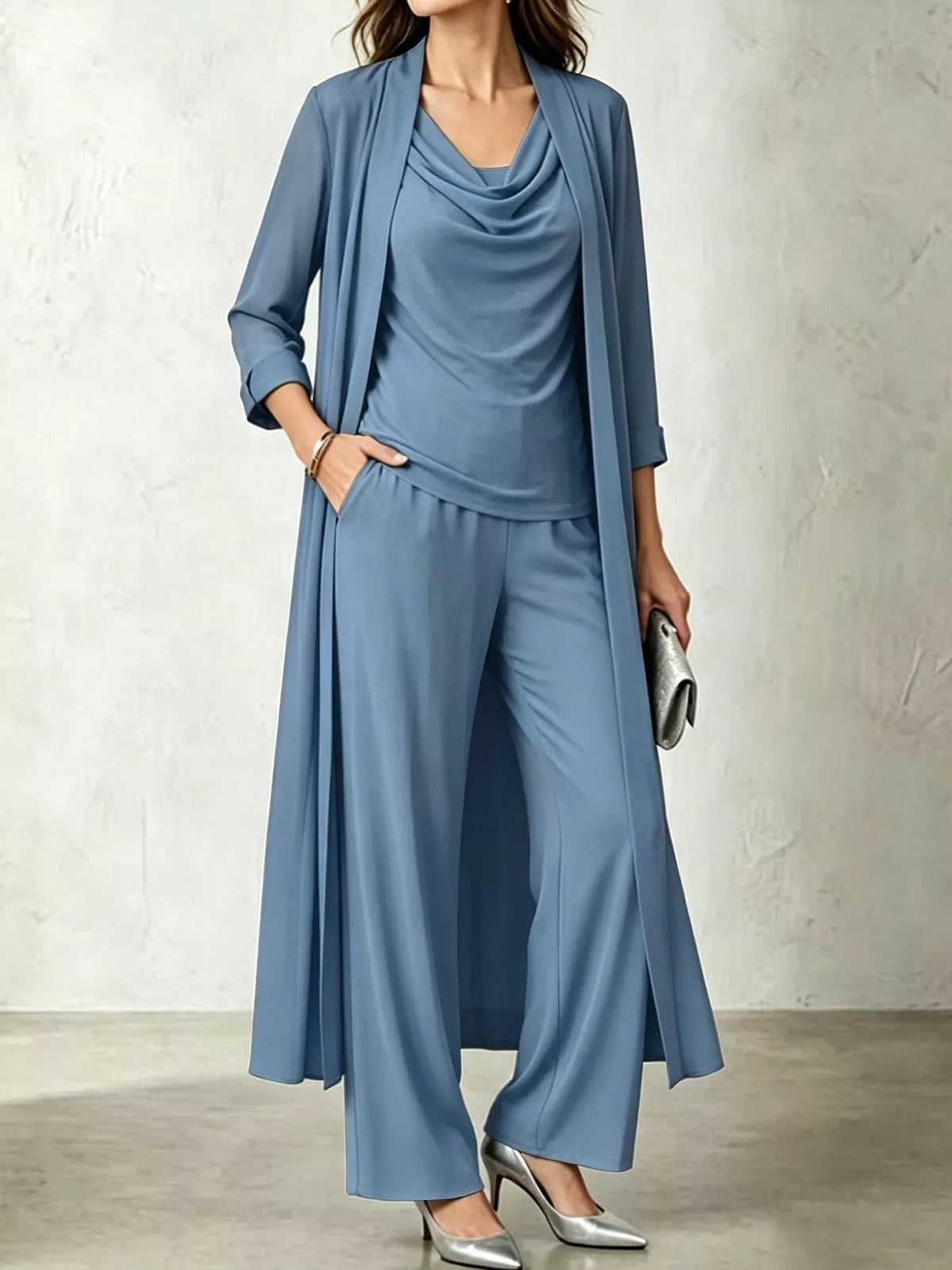 Cowl Neck Top, Cardigan and Pants Set