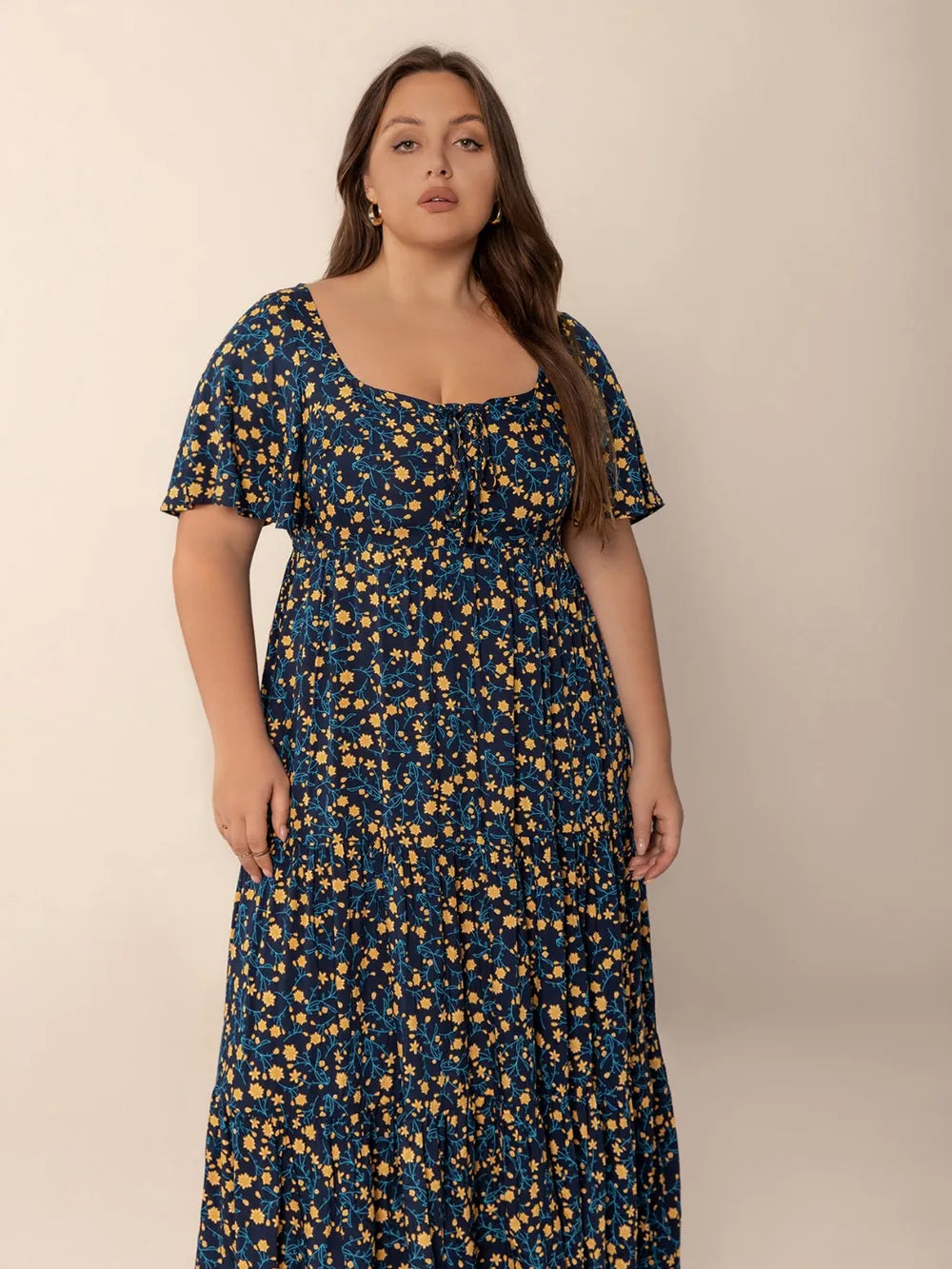Printed Short-Sleeve Tiered Maxi Dress in Black