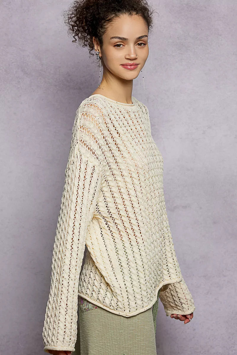 Openwork Round Neck Knit Top in Natural by POL