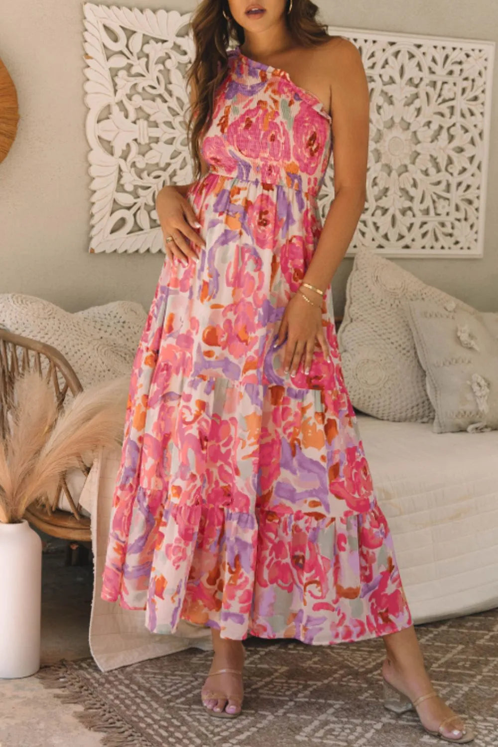 Shirred One-Shoulder Maxi Dress in Floral