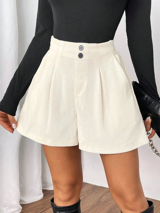 High-Waisted Corduroy Shorts in White