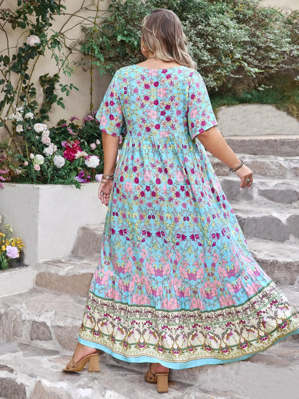 Printed Tie-Neck Flutter Sleeve Maxi Dress in Pastel Blue in Pastel  Blue