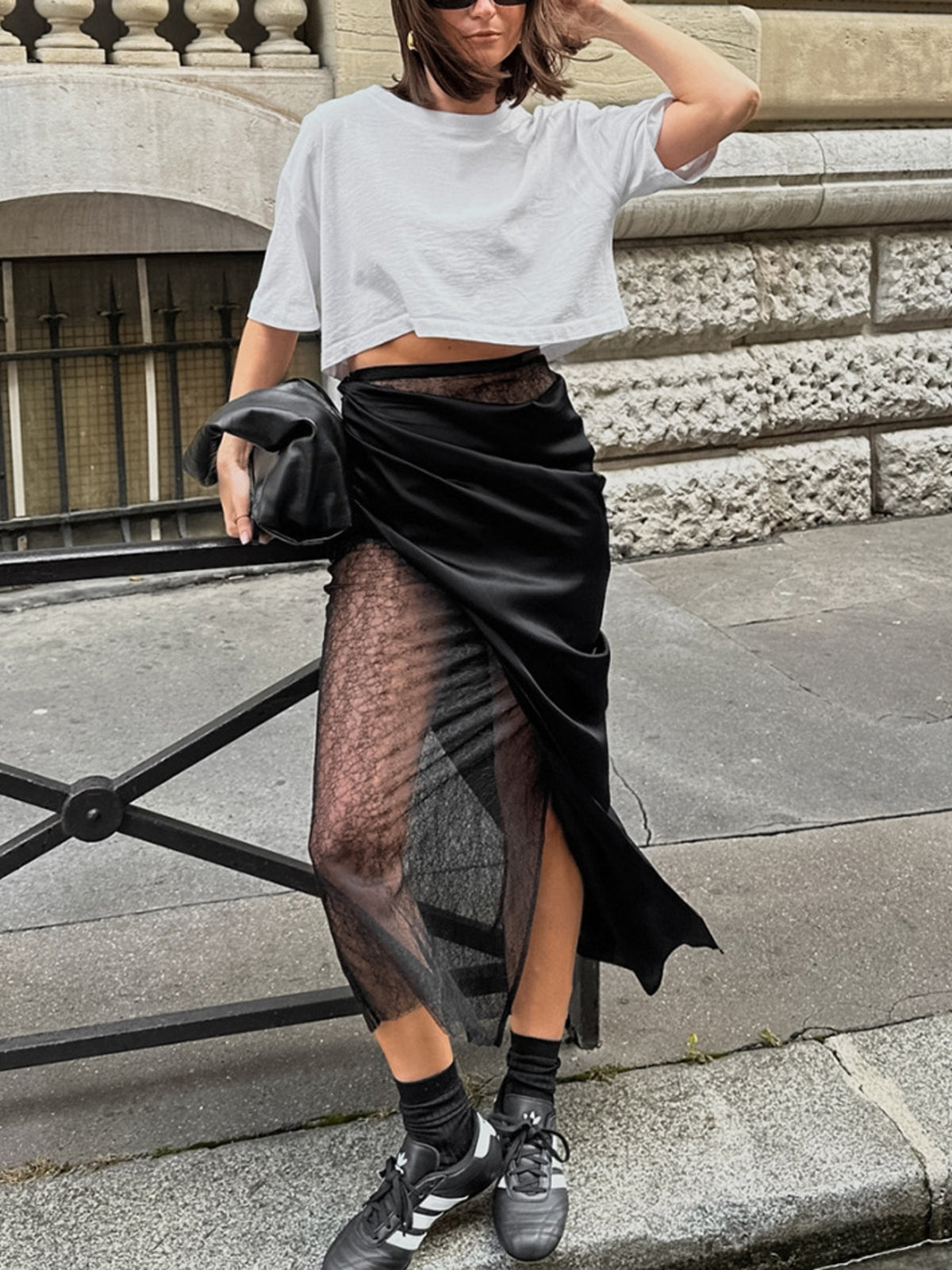 Lace Panel Midi Skirt in Black
