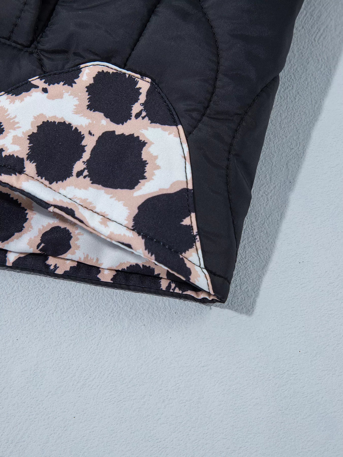 Leopard Cuff Quilted Puffer Jacket in Black