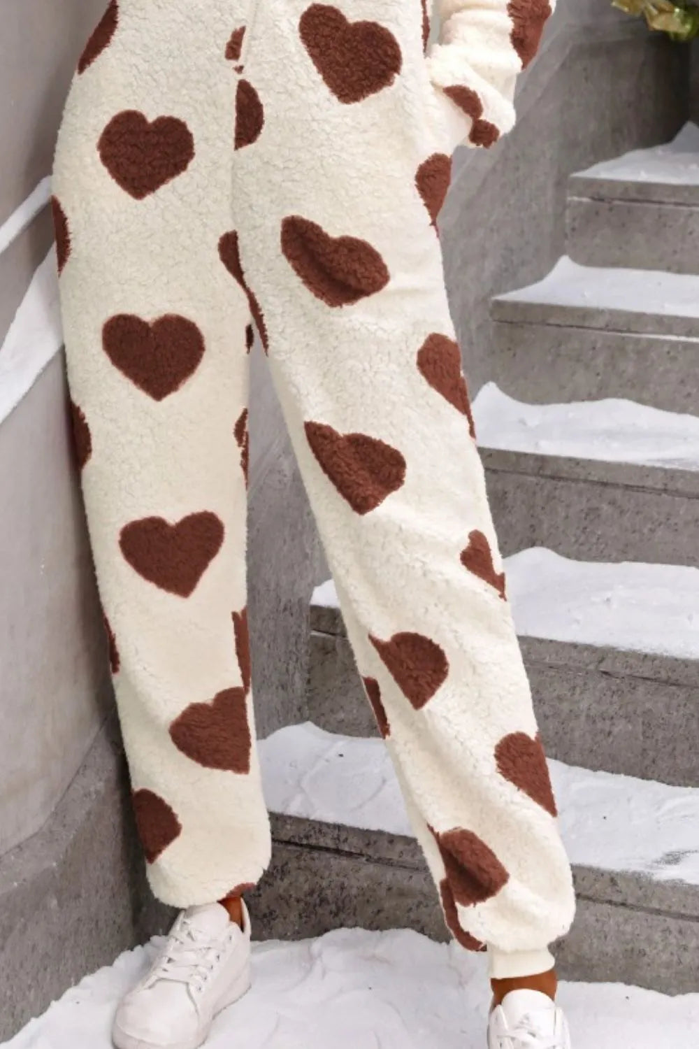 Fuzzy Heart Zip-Up Hooded Lounge Jumpsuit