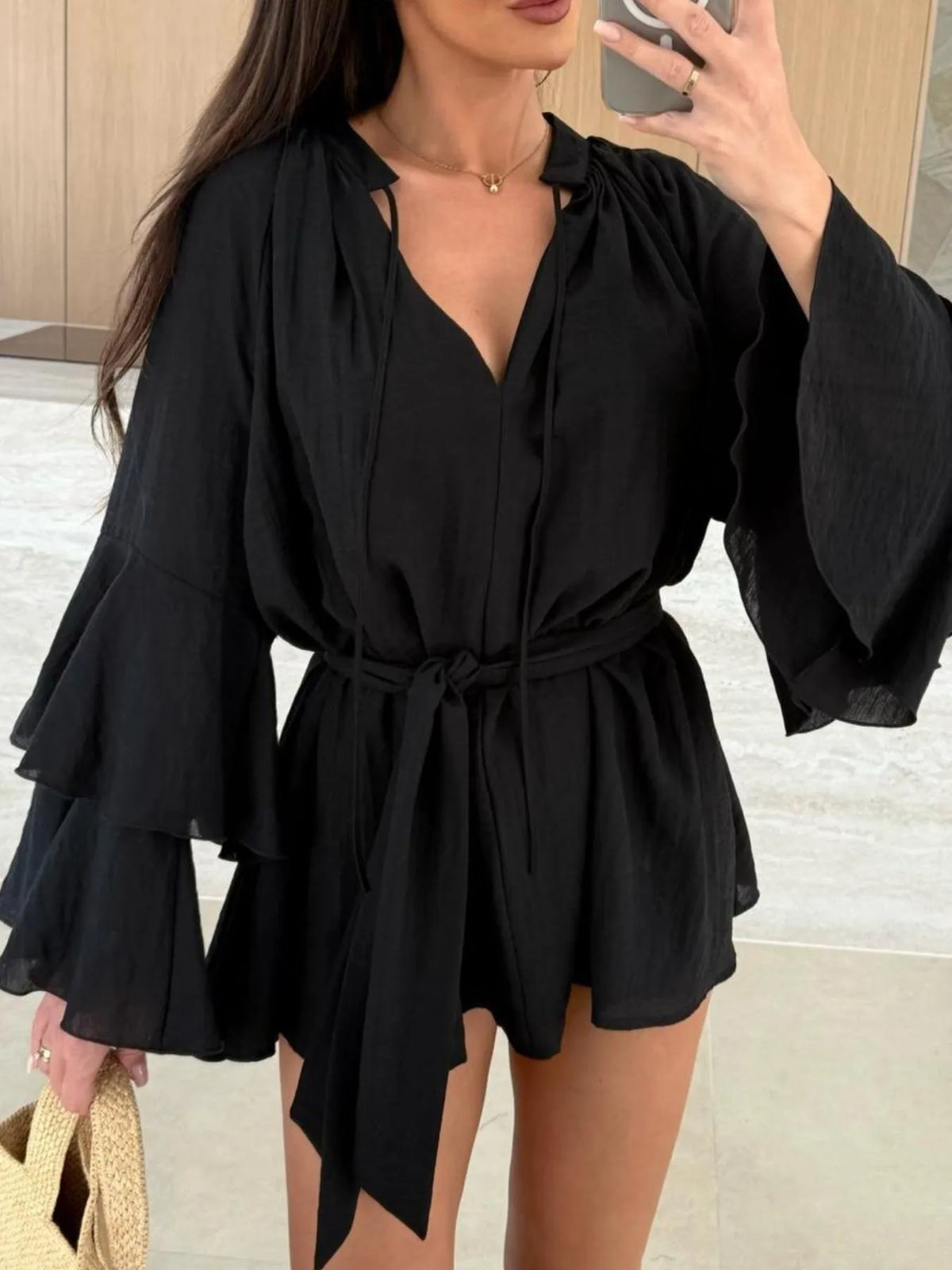 Bell Sleeve Tie-Waist Mini Shirt Dress