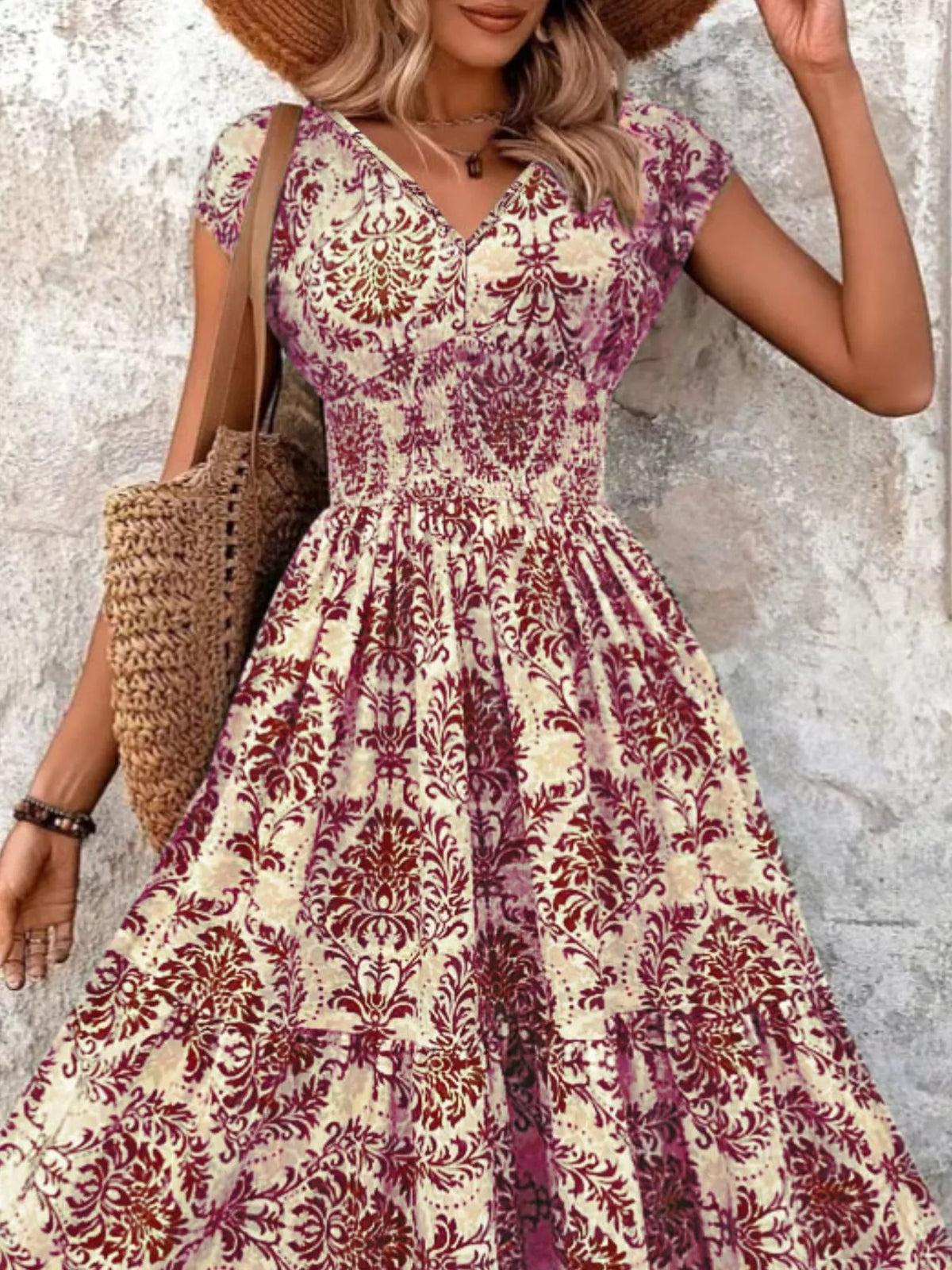Smocked V-Neck Tiered Maxi Dress