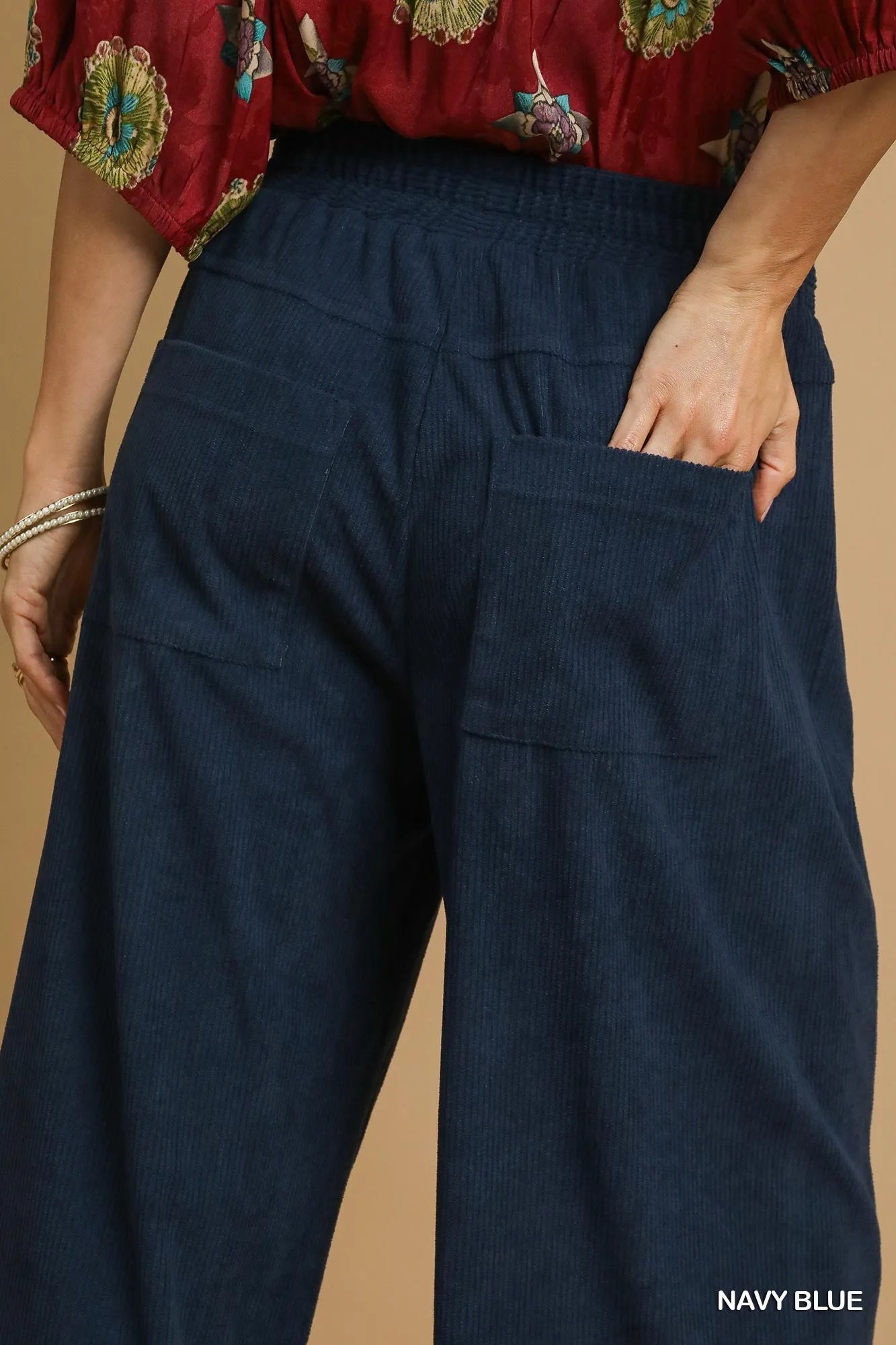 Umgee Wide-Leg Corduroy Pants in Navy Blue