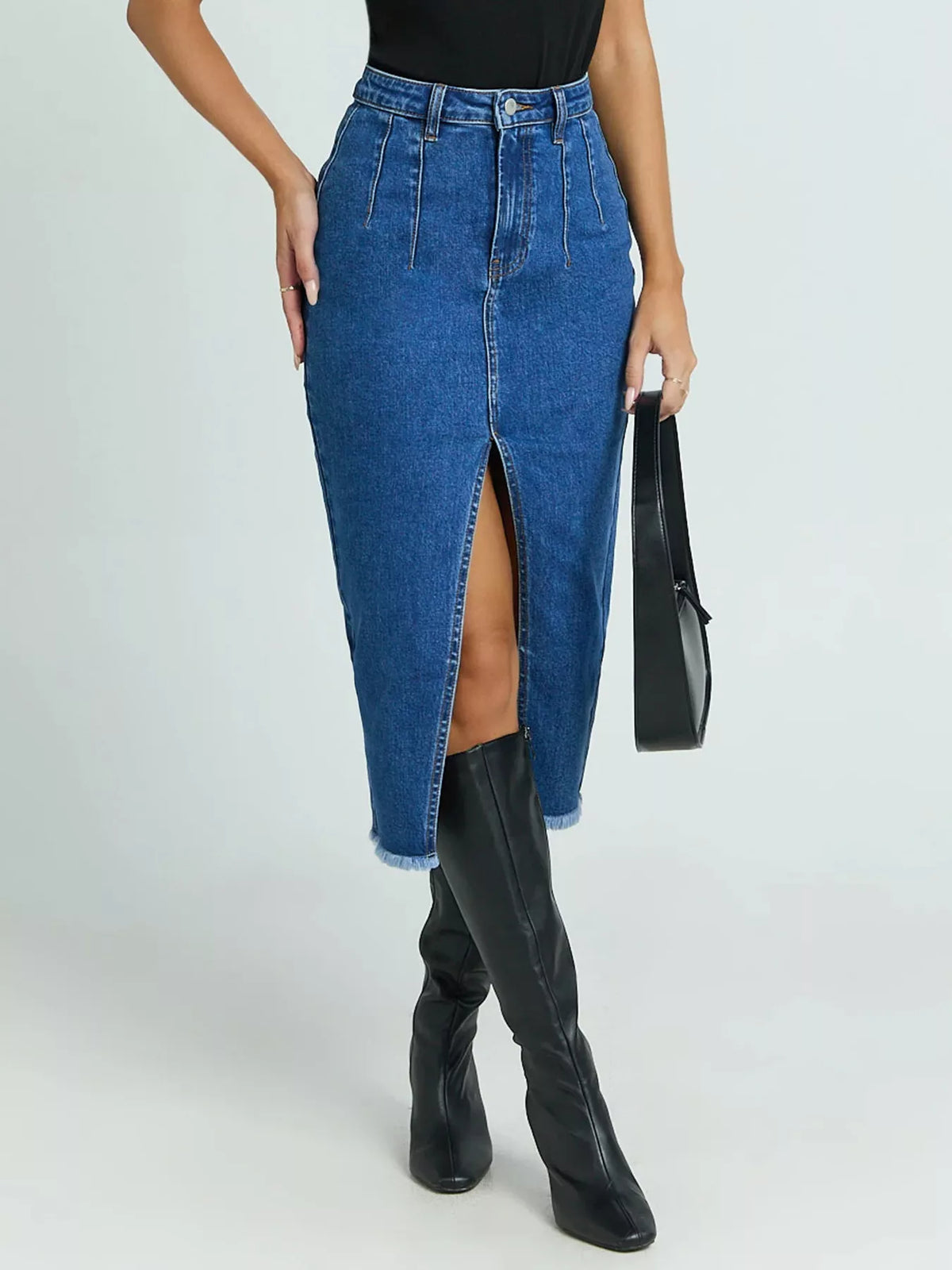 High-Waisted Slit Denim Skirt in Blue by Lone Star Lady