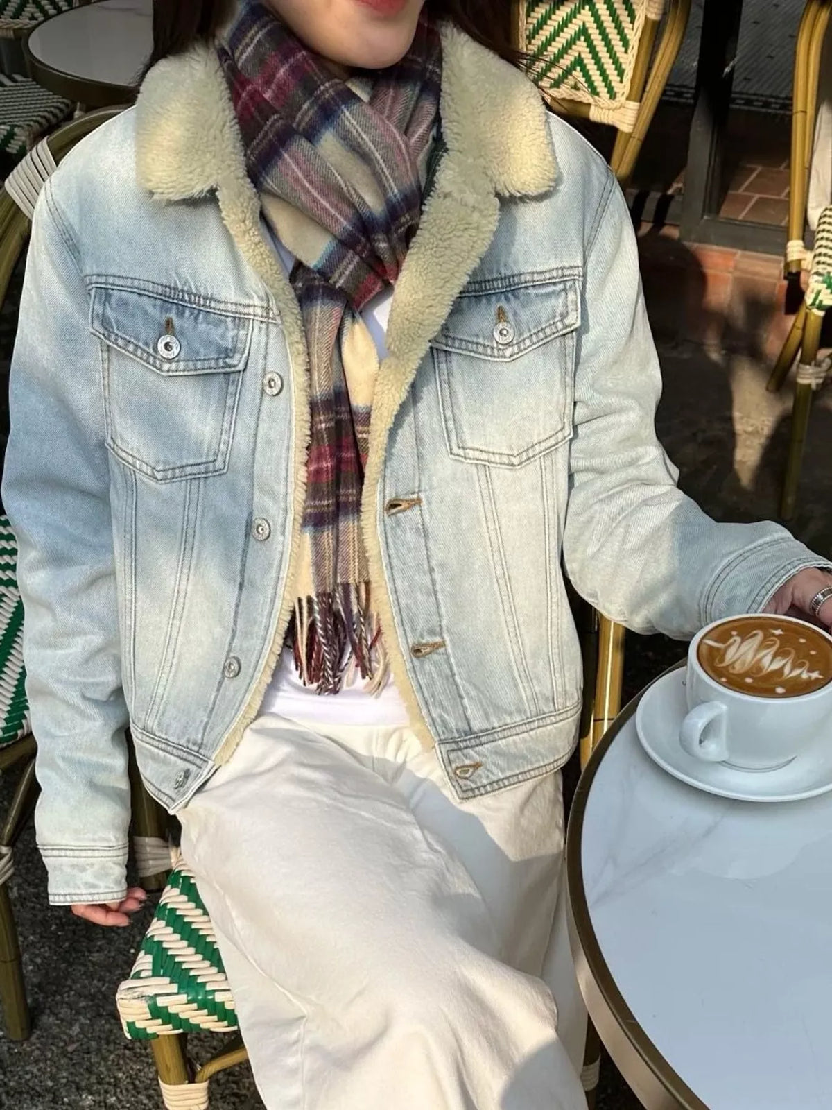 Red Plaid Sherpa-Lined Denim Jacket in Red-Plaid