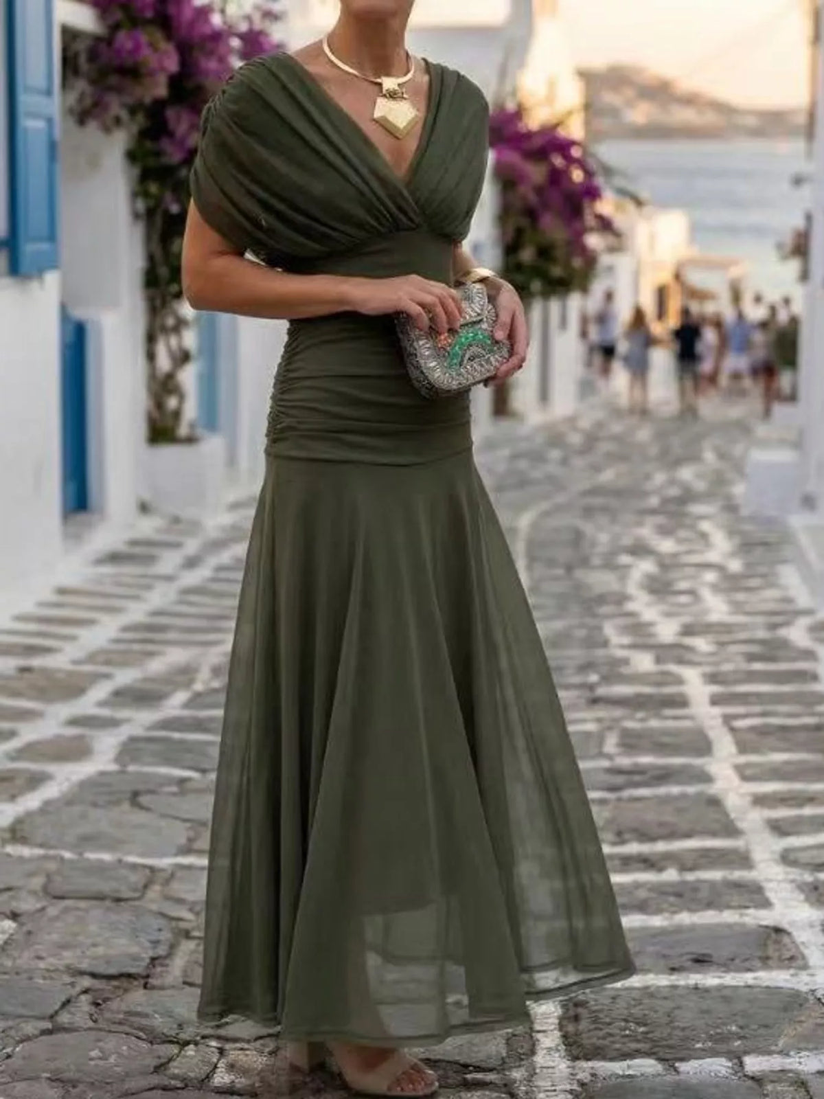 Off-Shoulder Mesh Ruched Maxi Dress, Plus Size