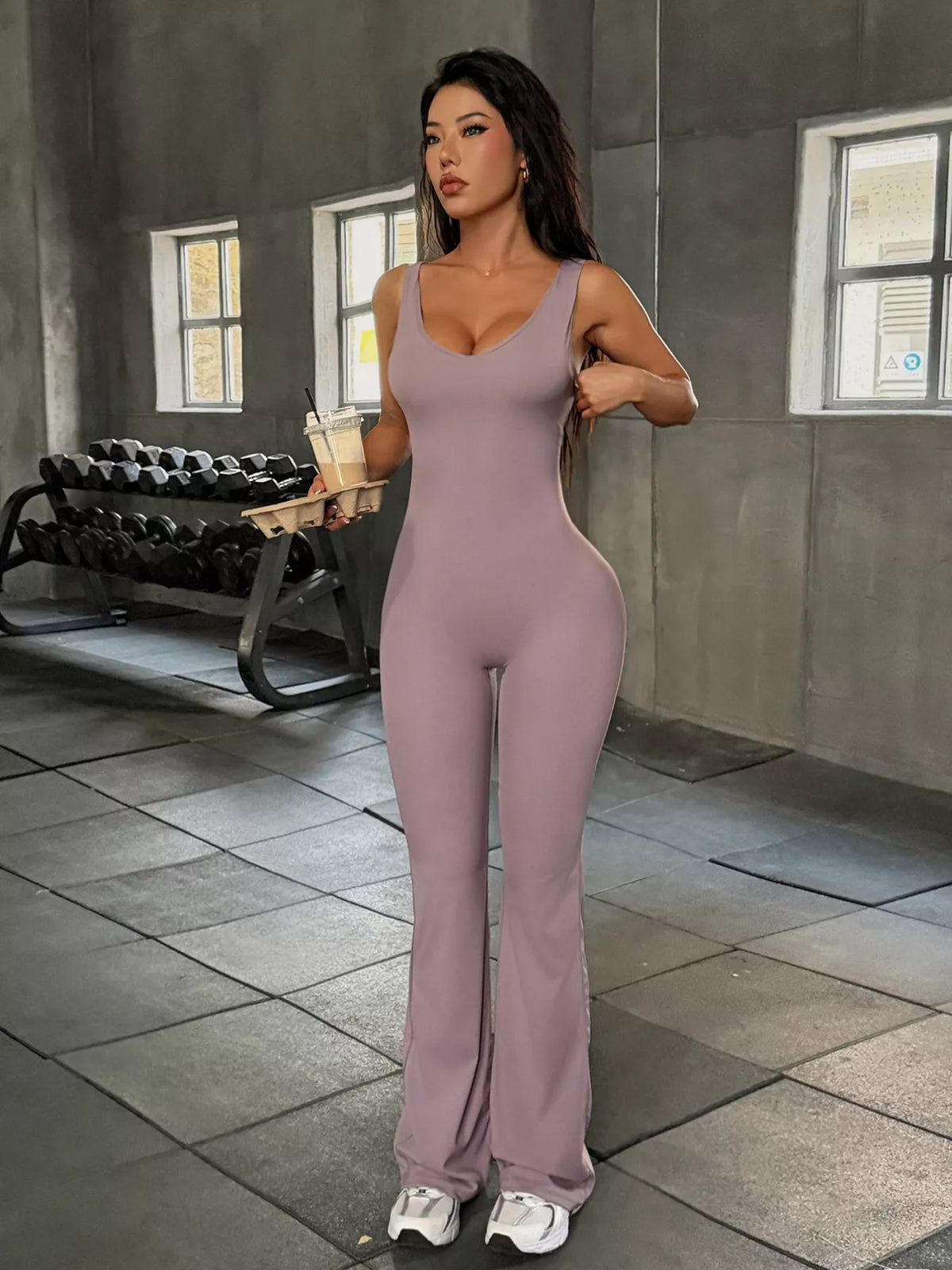 Sleeveless Flared Leg Jumpsuit in Grayish Purple