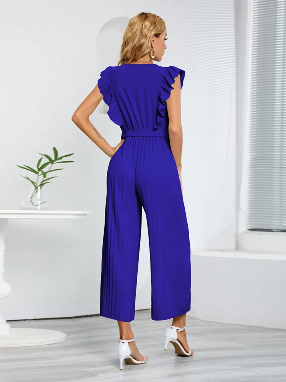 Ruffled Surplice Cap-Sleeve Jumpsuit
