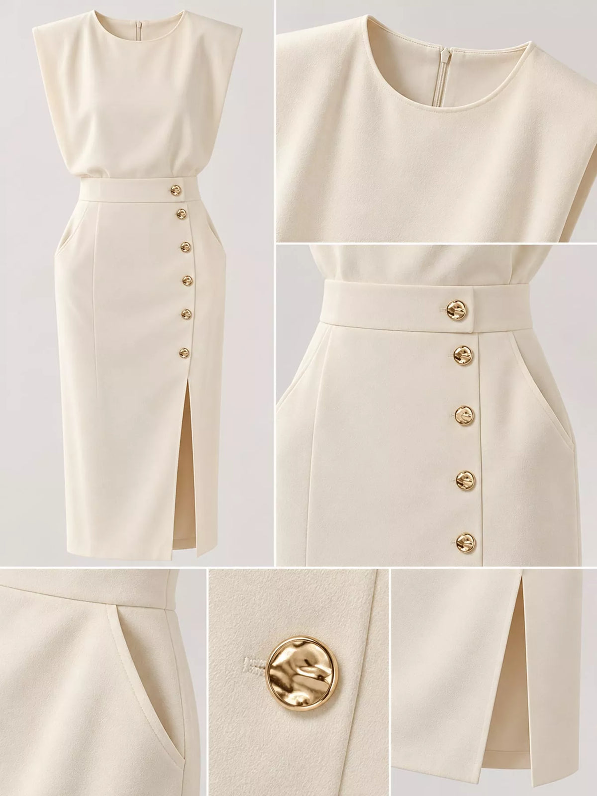 Sleeveless Midi Dress with Gold Button Detail