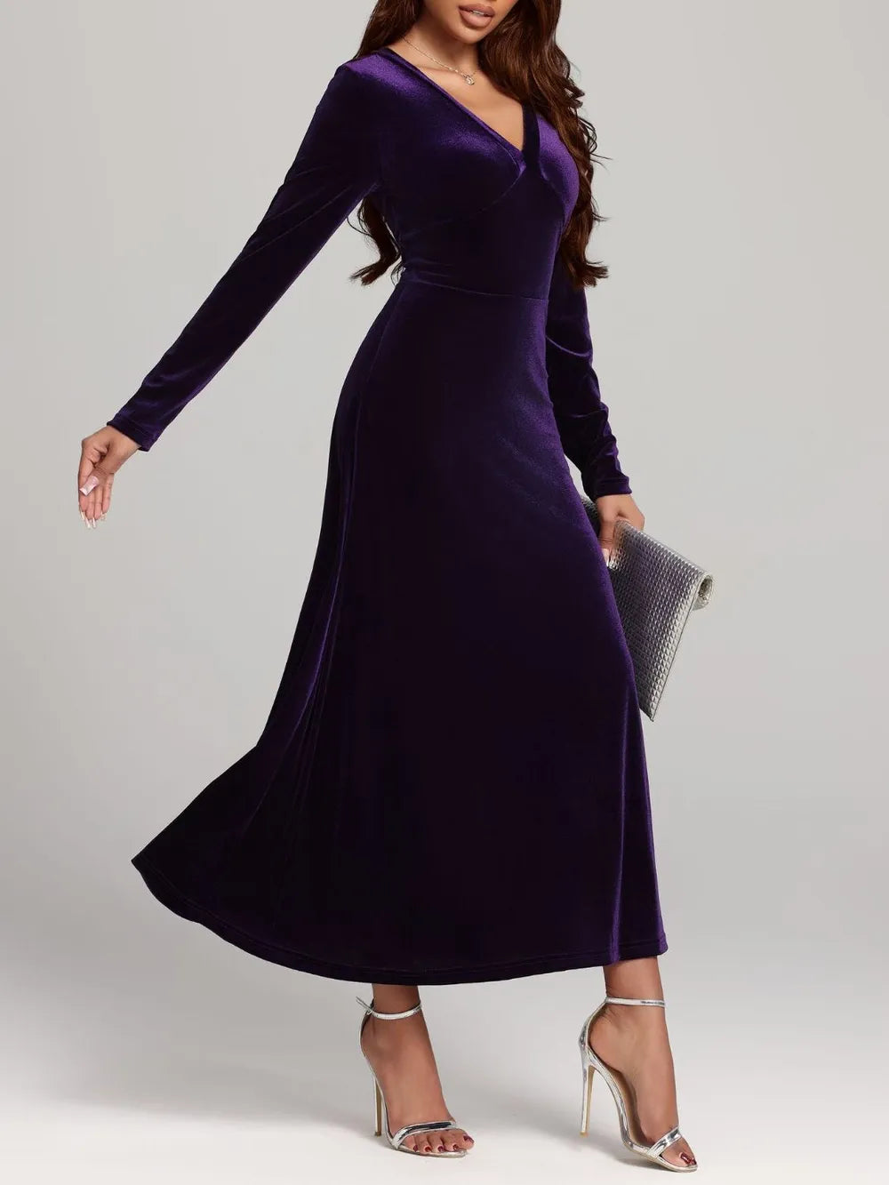 Velvet V-Neck Dress in Violet